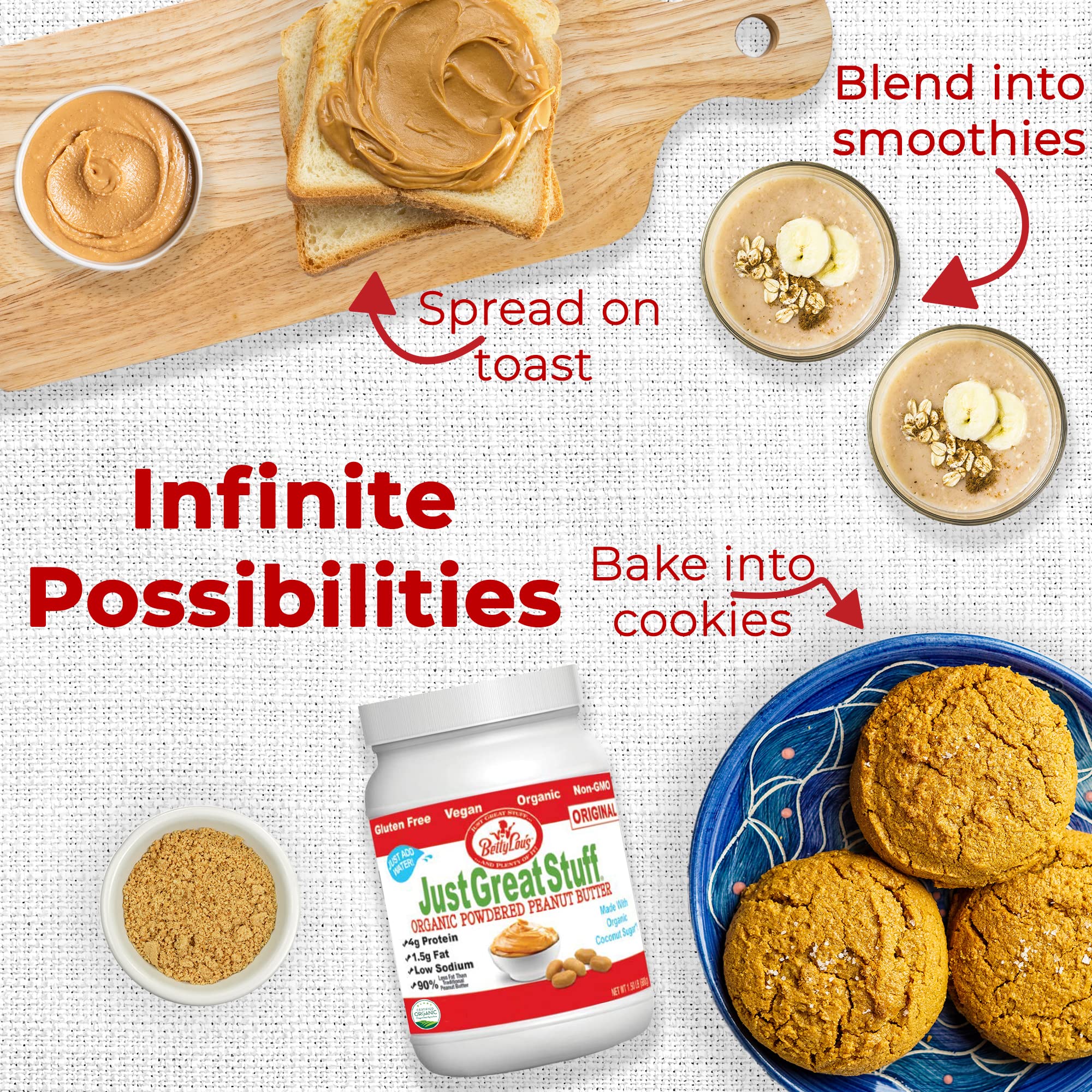 Betty Lou's 100% Organic Powdered Peanut Butter, Gluten Free, Vegan, Low Calorie, All Natural, High Protein, Deliciously Healthy, Just Add Water (1.5