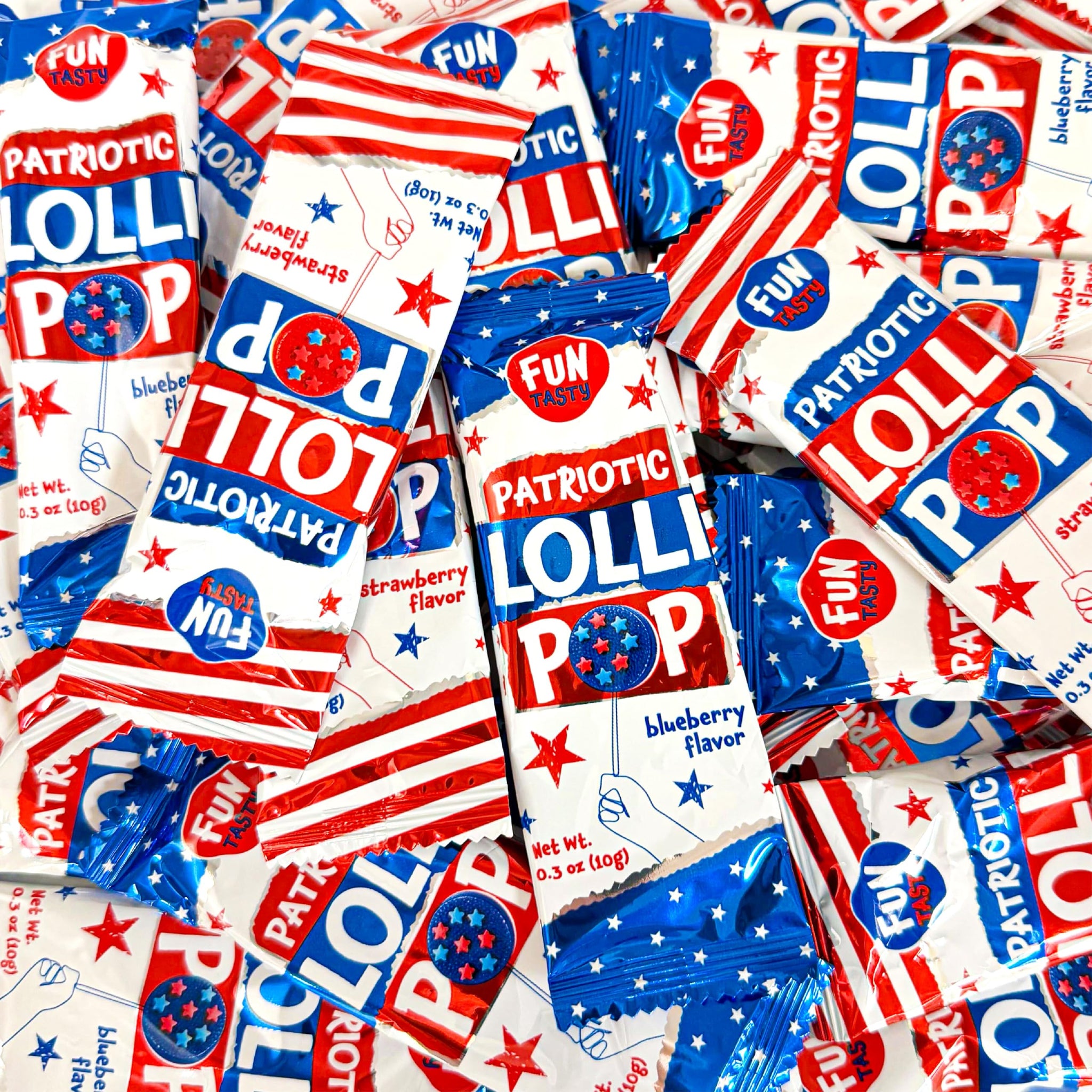 Patriotic Candy - 40 Count - 4th of July Lollipops Individually Wrapped - Red White and Blue Candy - Double-Sided Flat Lollipops - Strawberry