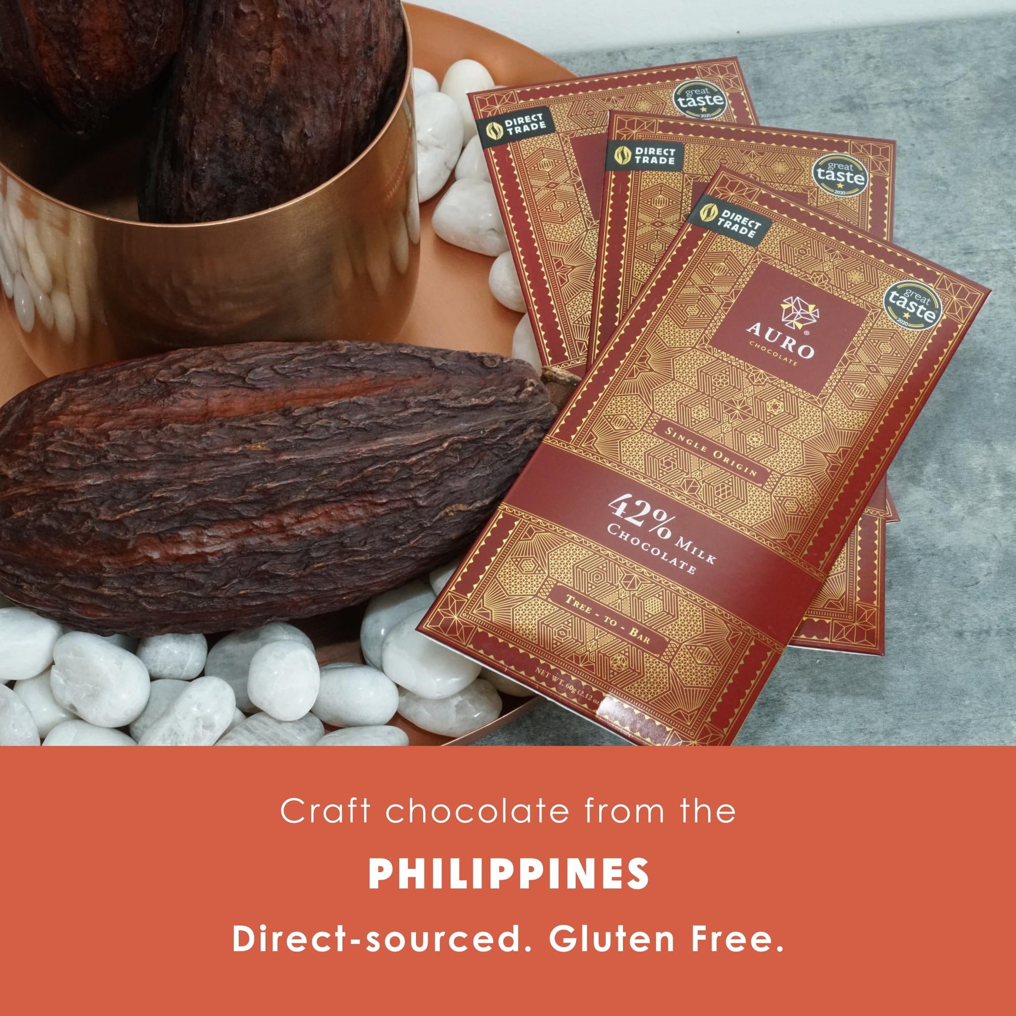 Auro 42% Milk Chocolate 3 Pack - Filipino Chocolate - Premium, Made At Origin, Direct Trade, Bean-to-Bar, Woman Owned, BIPOC Owned - Gluten-Free