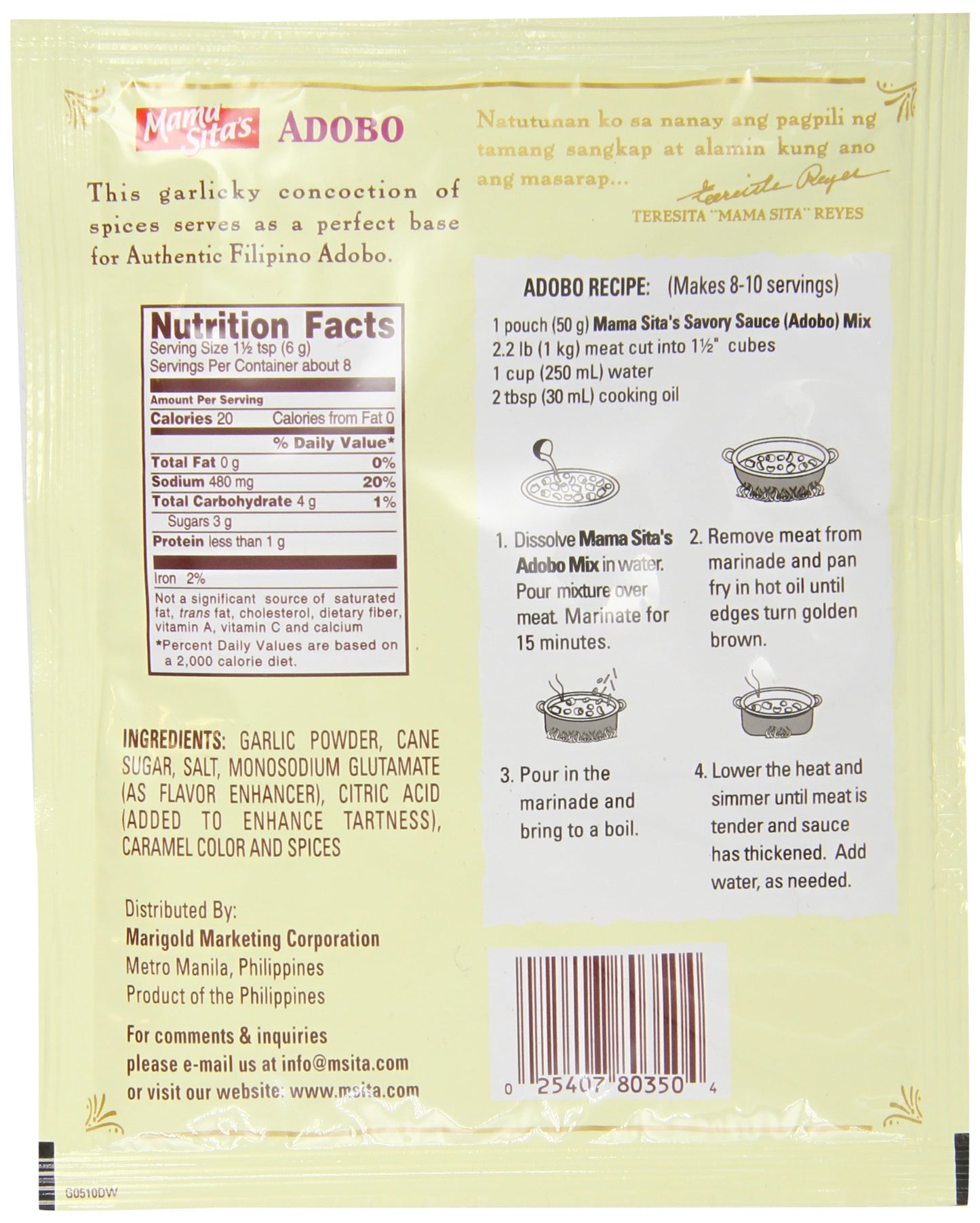 Mama Sita's Adobo Savory Sauce Mix, 1.76 Ounce (Pack of 72)