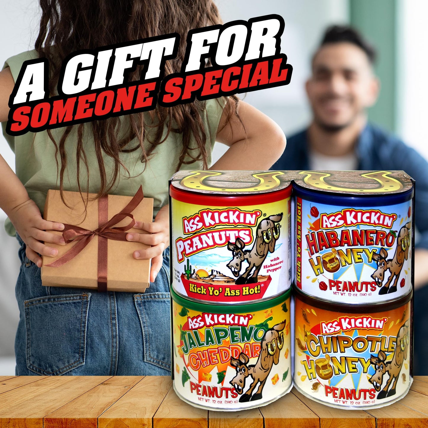 ASS KICKIN' Crunchy Spicy Hot Peanuts: Pepper Peanuts, Jalapeno Peanuts, Habanero Honey Peanuts, and Jalapeno Peanuts, Gift Set.
