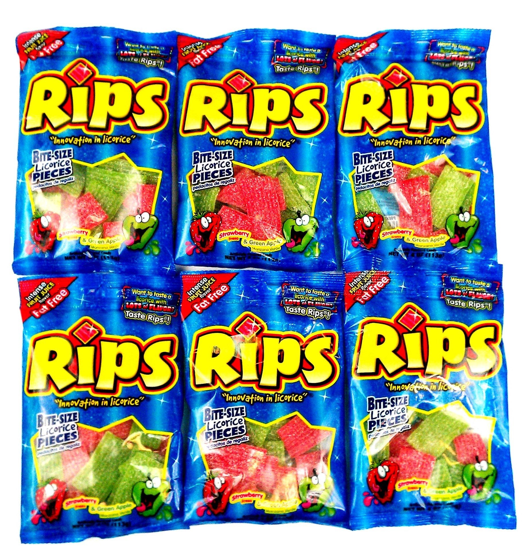 Rips Strawberry & Green Apple Bite-Size Licorice Pieces, 4 oz Bags in a Gift Box (Pack of 6)