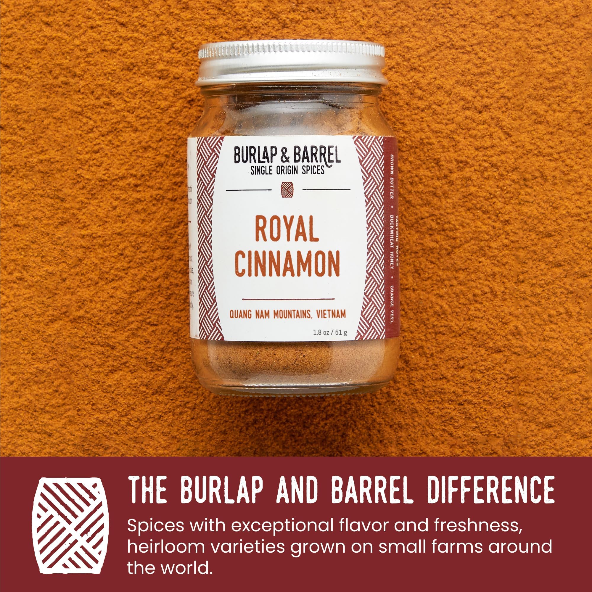 Burlap & Barrel Royal Cinnamon - Intense Sweetness & Spiciness of Vietnamese Cinnamon Powder & Spice - As seen on Shark Tank - 1.8oz Glass Jar