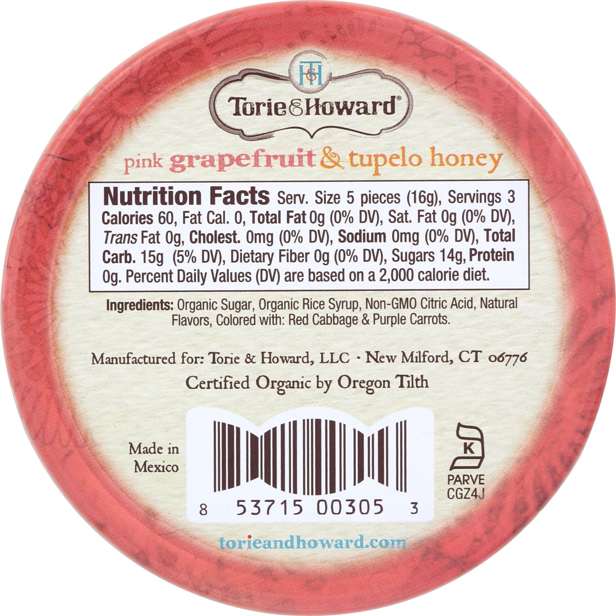 Torie and Howard Organic Hard Candy Tin, Pink Grapefruit and Tupelo Honey, 2 Ounce