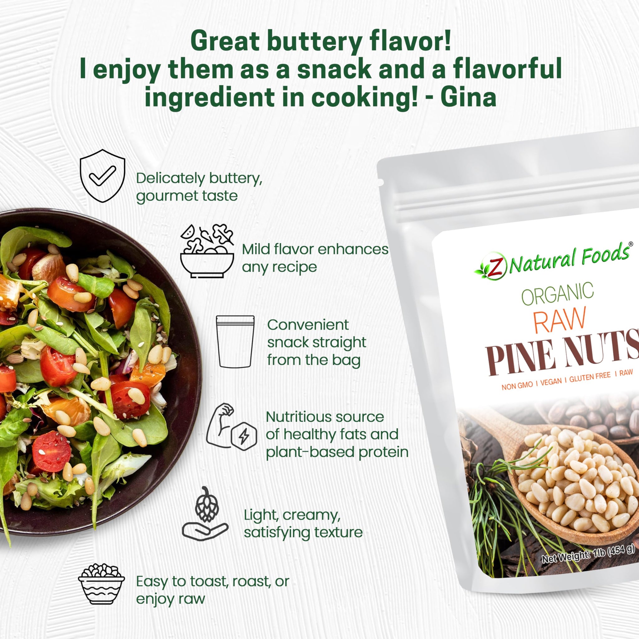 Z Natural Foods Organic Pine Nuts - Raw Nutrient-Dense Superfood Packed in Airtight Foil Pouches - Pure Pine Nut for Pesto, Trail Mix, Salad & Recipes