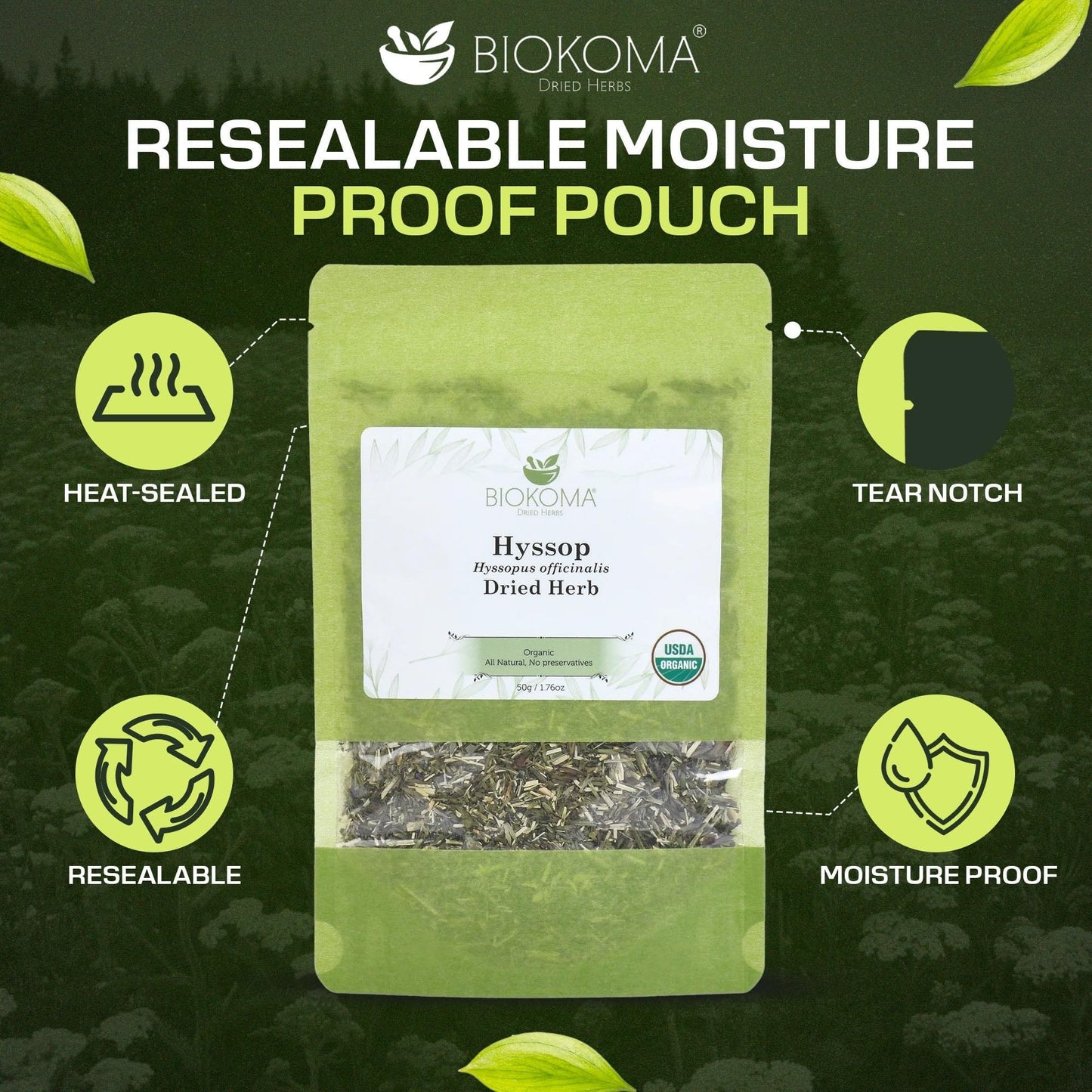 Biokoma Organic Hyssop Dried Herb 50g (1.76oz) Cut Hyssopus officinalis USDA Organic No GMO Herbal Tea Respiratory & Immune Support Resealable