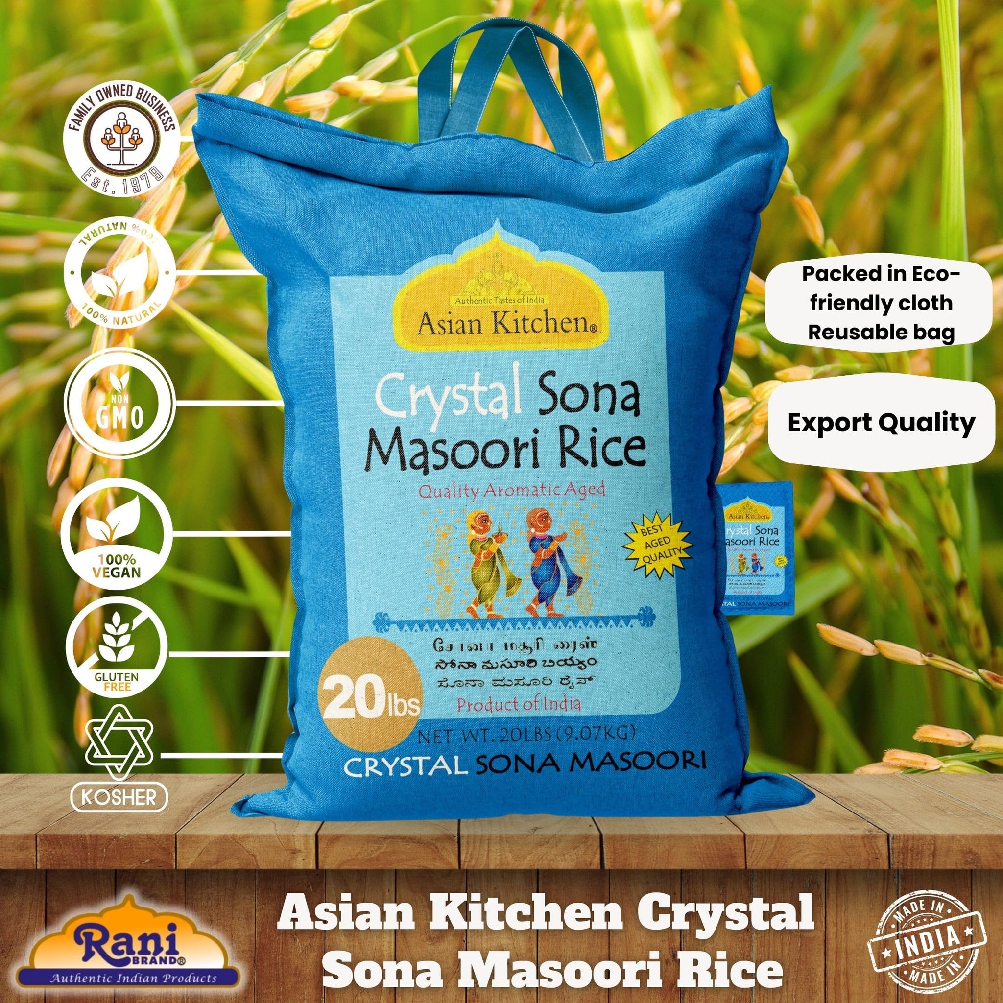 Asian Kitchen Crystal Sona Masoori Aged Rice 20-Pound Bag, 20lbs (9.08kg) Short Grain Rice ~ All Natural | Gluten Friendly | Vegan | Indian Origin |