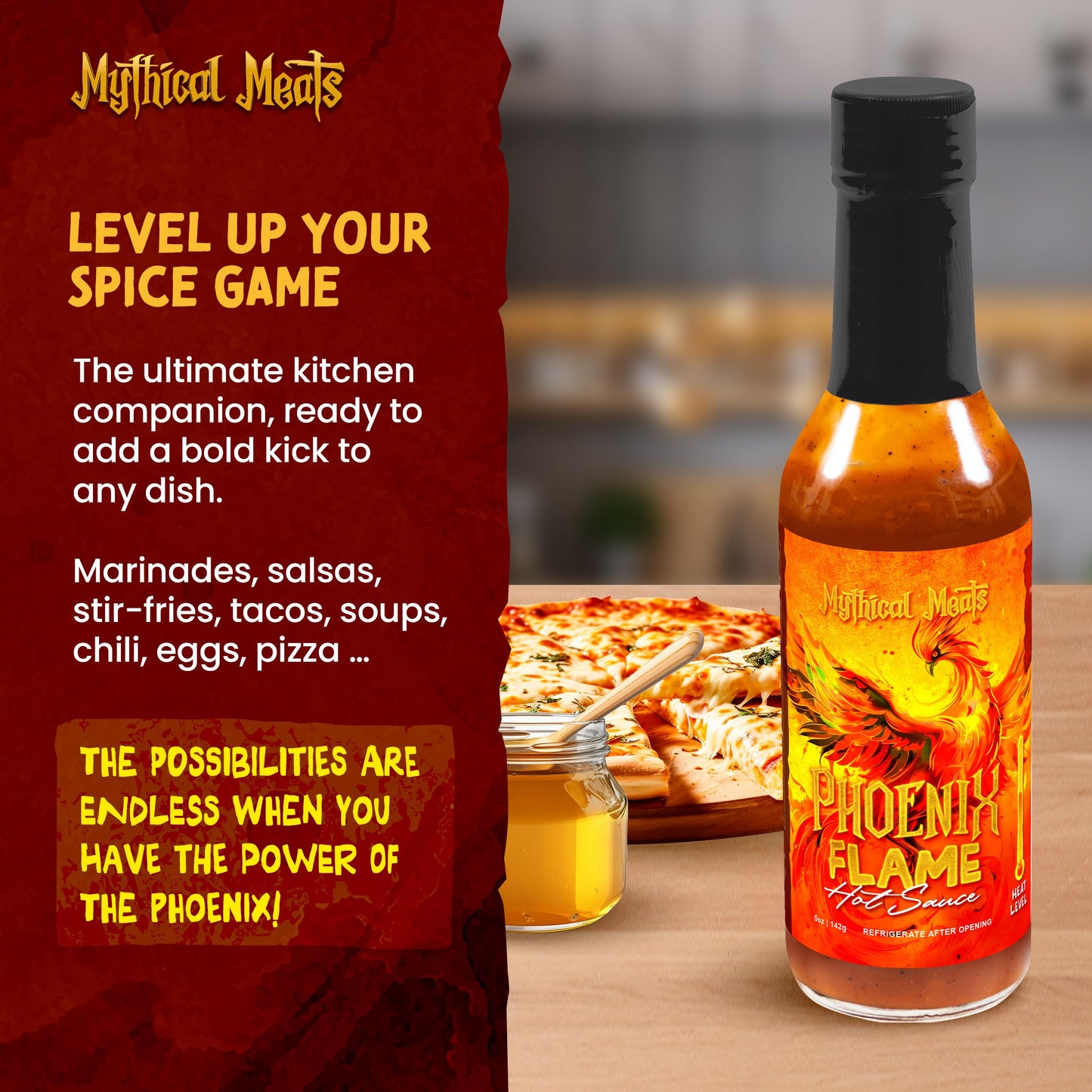 Mythical Meats Phoenix Flame Hot Sauce - Ghost Pepper & Honey Blend, Gluten Free, Non GMO, 6/10 Heat