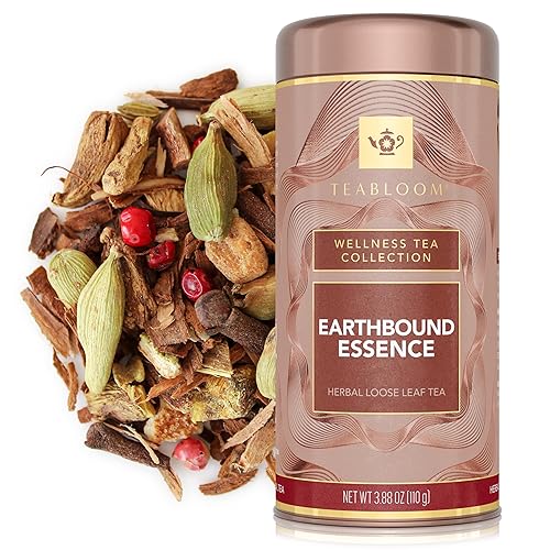 Teabloom Earthbound Essence Loose Leaf Herbal Tea with Orange, Ginger & Chai Spices | Warm Cinnamon & Citrus Blend | Canister Makes 35-50 Cups |