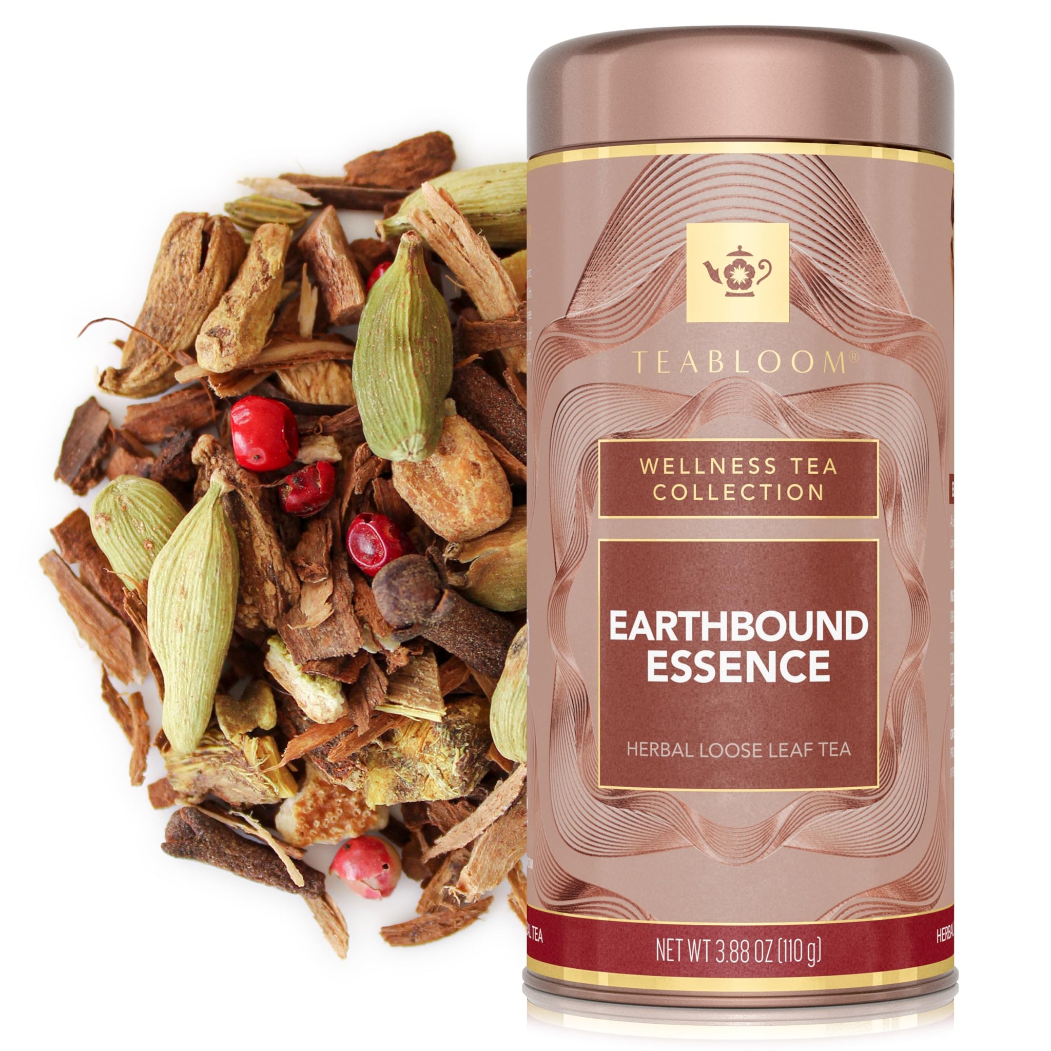 Teabloom Earthbound Essence Loose Leaf Herbal Tea with Orange, Ginger & Chai Spices | Warm Cinnamon & Citrus Blend | Canister Makes 35-50 Cups |