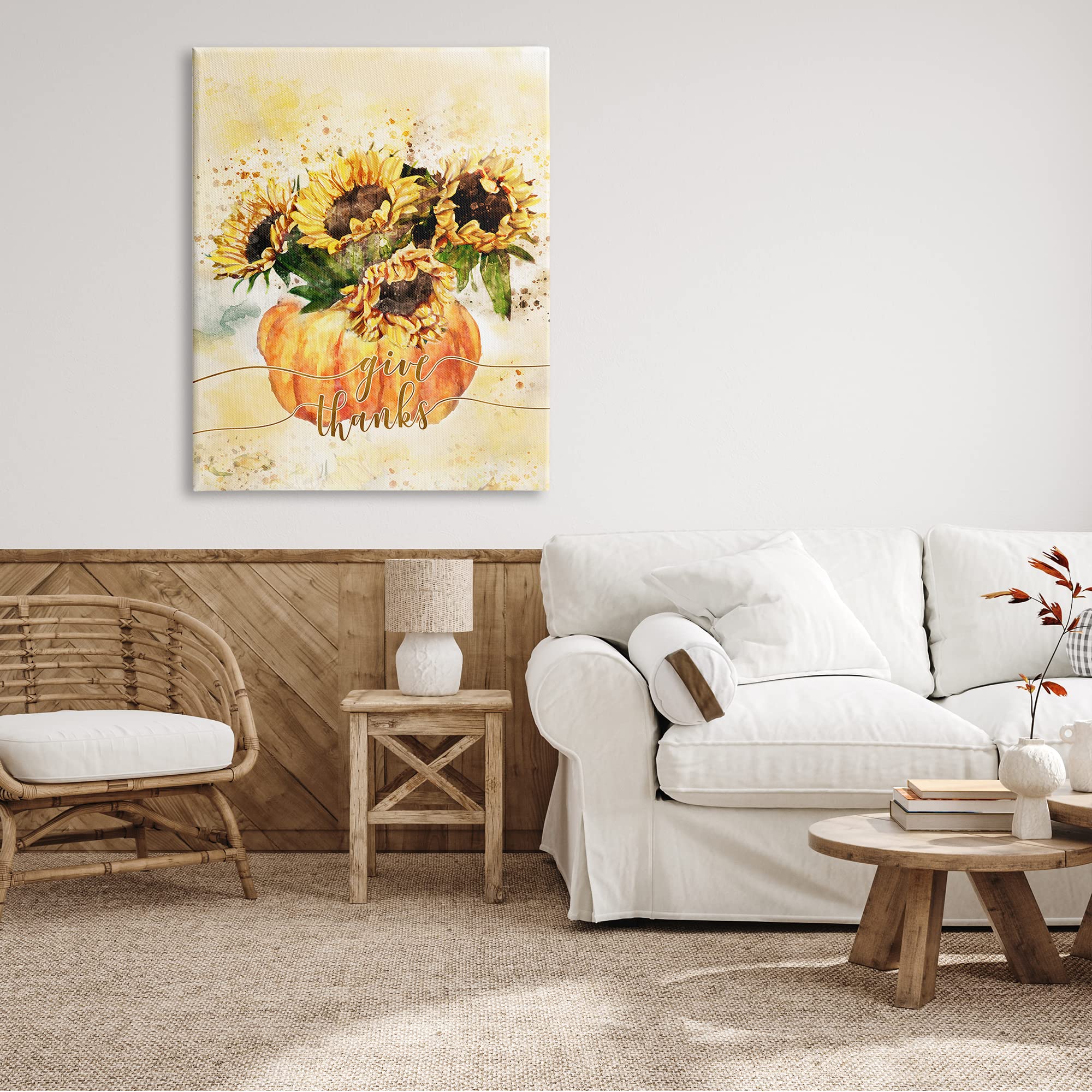 Stupell Industries Give Thanks Phrase Orange Pumpkin Sunflower Floral Burst, Design by Ziwei Li