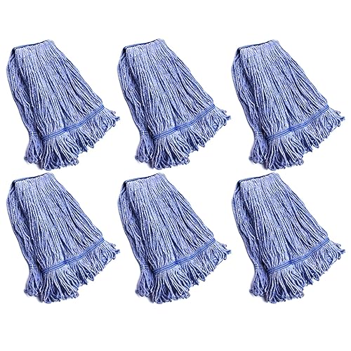 String Mop Heads Replacement Heavy Duty Commercial Grade Blue Cotton Looped End Wet Industrial Cleaning Mop Head Refills (6, Large)