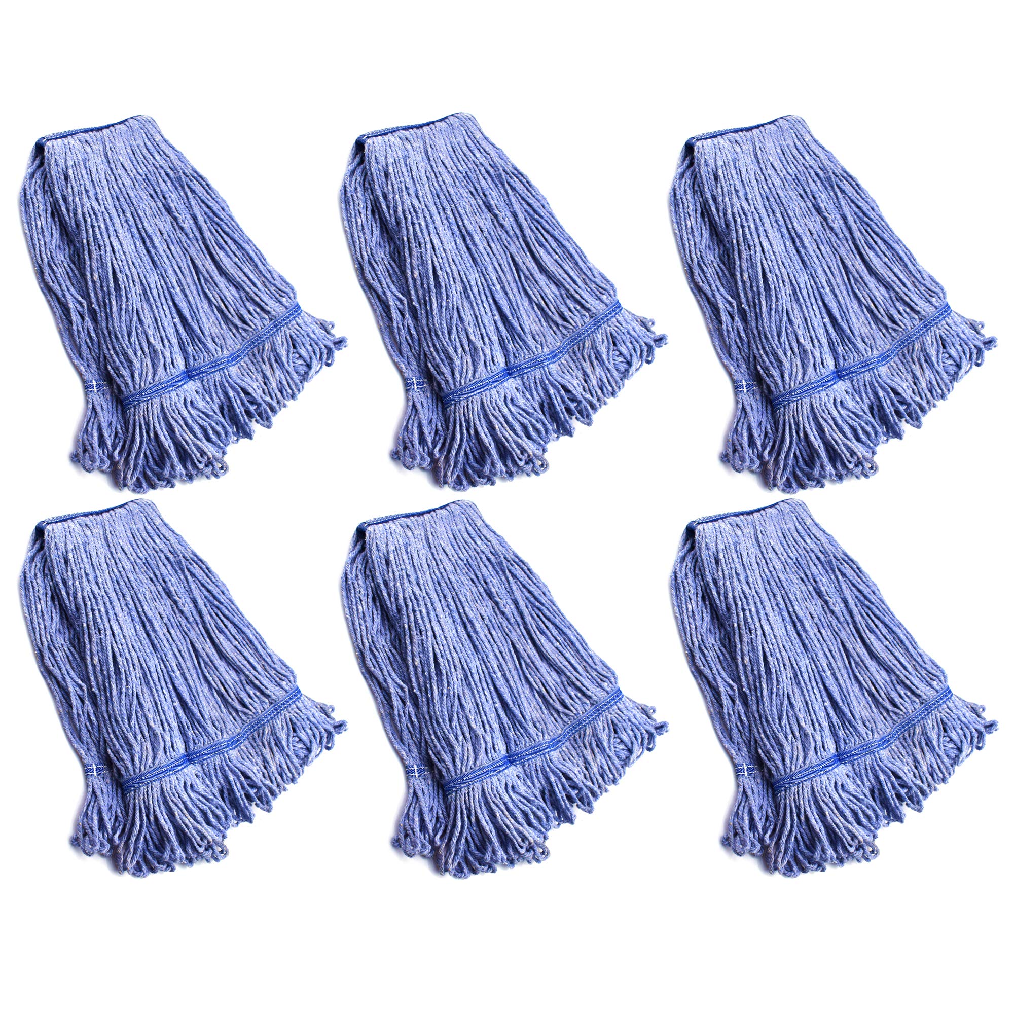 String Mop Heads Replacement Heavy Duty Commercial Grade Blue Cotton Looped End Wet Industrial Cleaning Mop Head Refills (6, Large)
