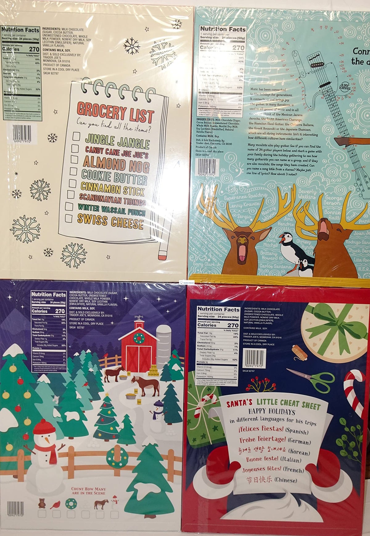 Trader Joe’s Advent Calendar 24 Milk Chocolate Figures 1.76oz 50g (Four Random Boxes)