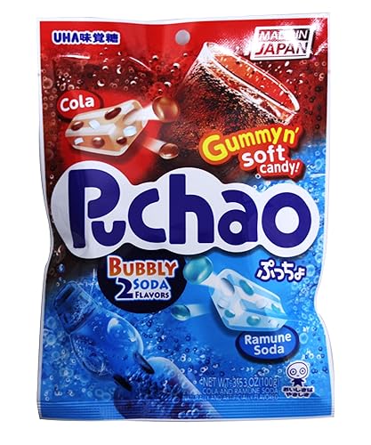 Puchao Gummy n' Soft Candy, Cola and Ramune Soda Flavors, 3.53 oz, (Pack of 4?
