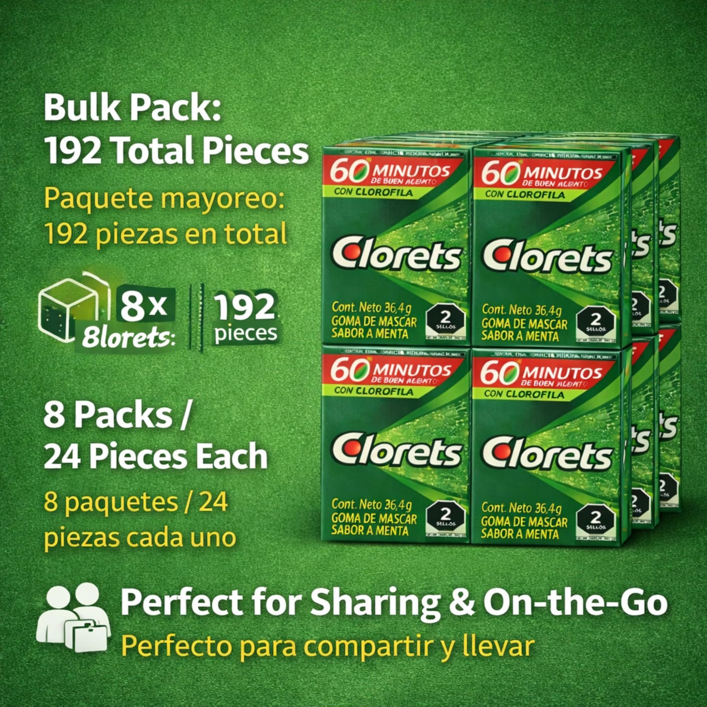 Clorets Chewing Gum Bulk - 8 Pack, 24 Pieces Each, Fresh Mint Gum With Chlorophyll, Extra Gum Pack for Long-Lasting Freshness, Ideal for Chewing Gum