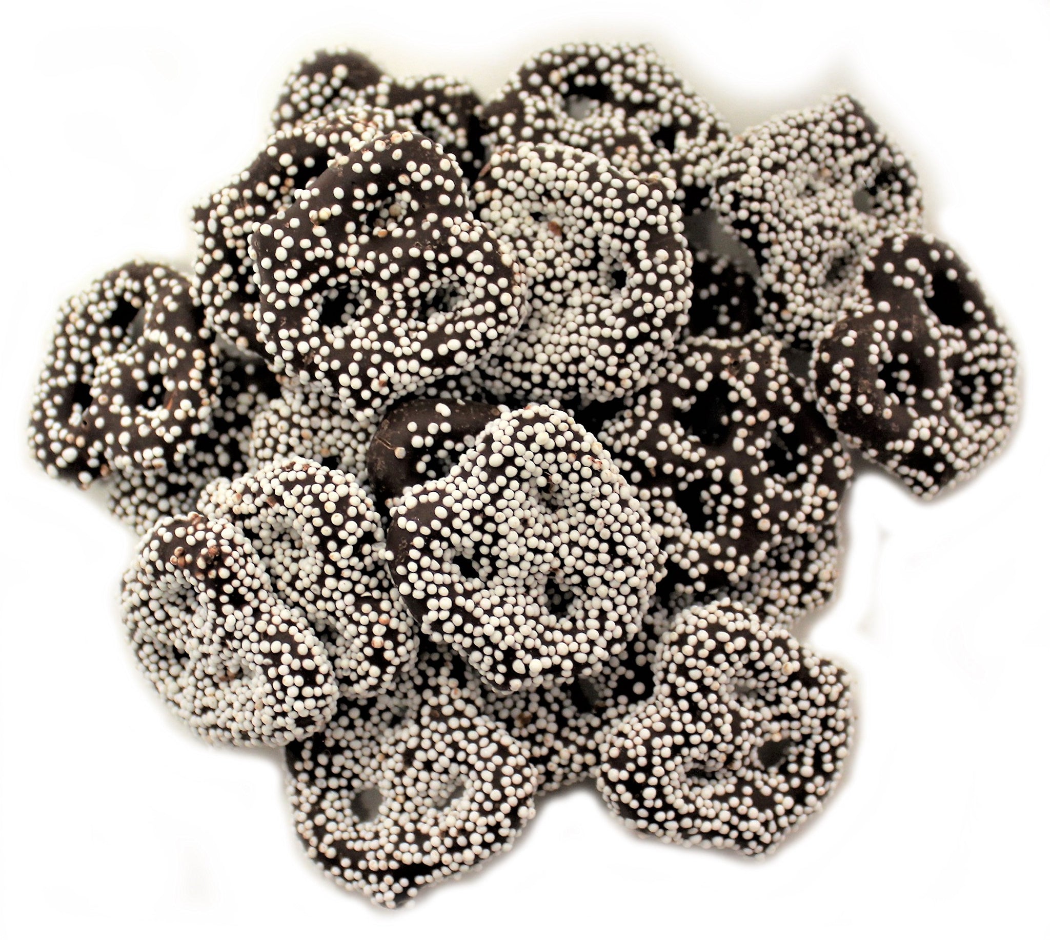 Gourmet Dark Chocolate Covered Mini Pretzels with White Nonpareil by Its Delish (2 lbs)