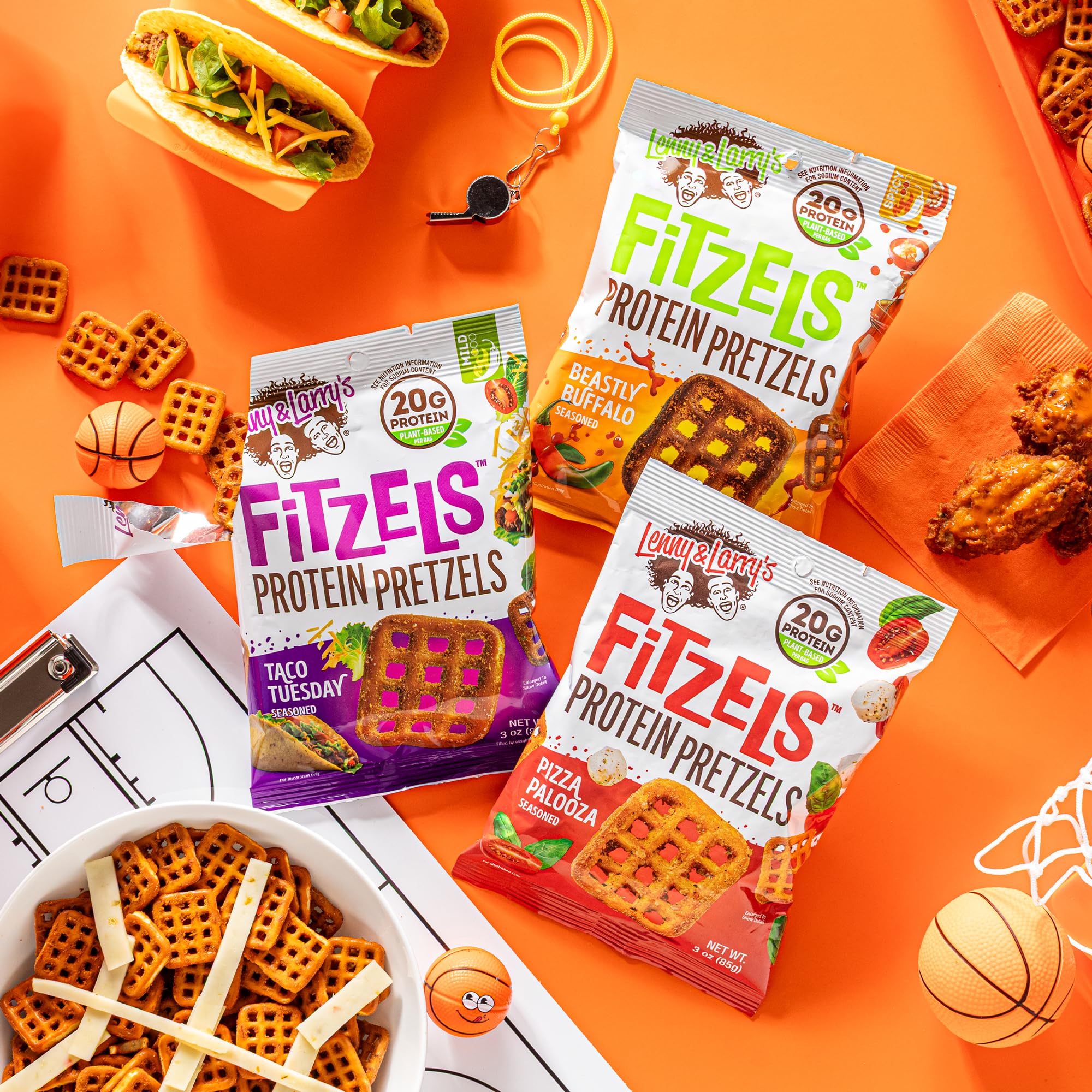 Lenny & Larry's FITZELS Protein Pretzels [GAME DAY Variety Pack] - 12 x 3oz Bags of High Protein Snacks with 20g Plant Based Protein - Incredibly