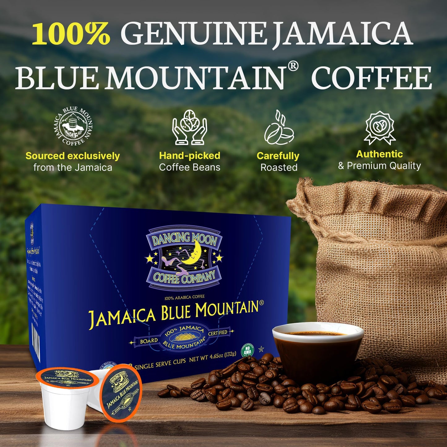 Dancing Moon Coffee Pods - 100% Jamaica Blue Mountain Medium Roast - K-Cup Compatible Keurig Coffee Pods - Small-Batch Crafted, Supports Military