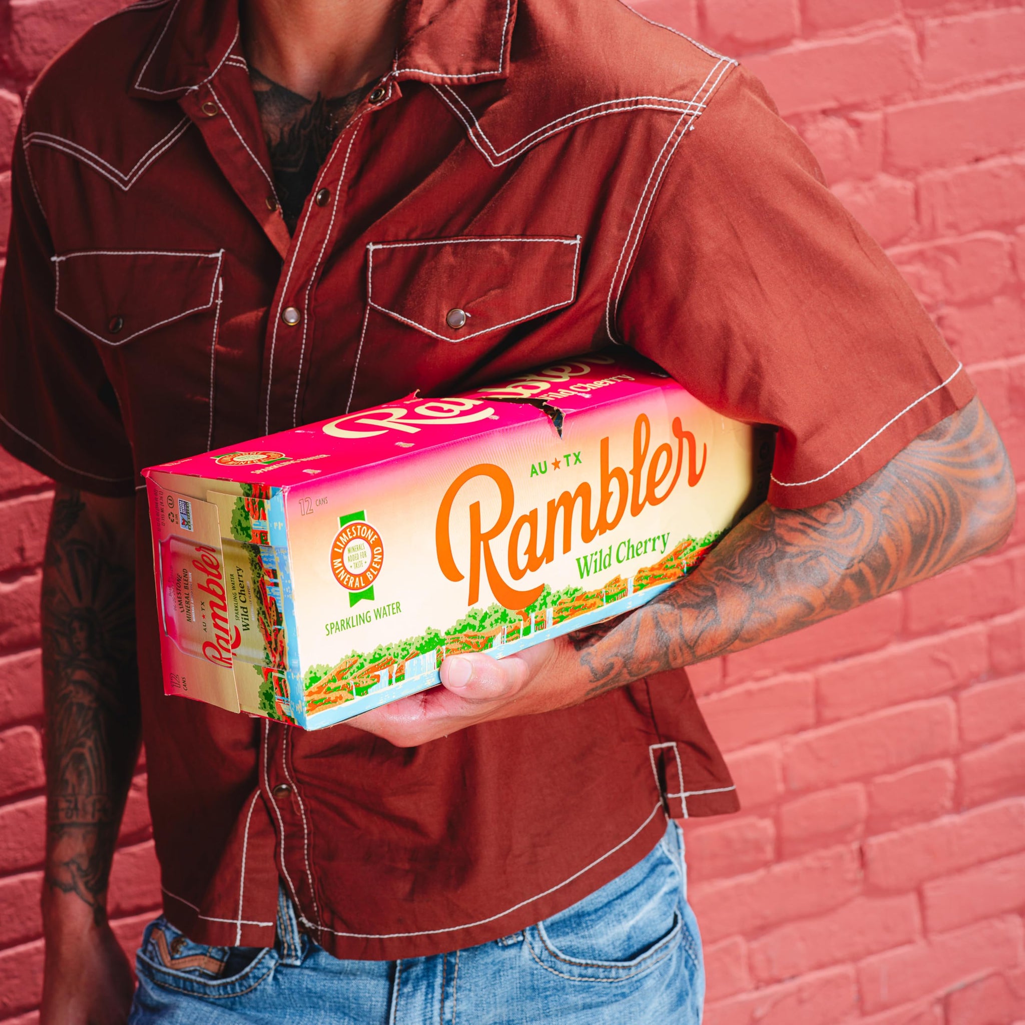 AUTX RAMBLER Sparkling Water, Texas Limestone Mineral Blend, Wild Cherry Flavor, 12-Ounce Cans, 12-Pack