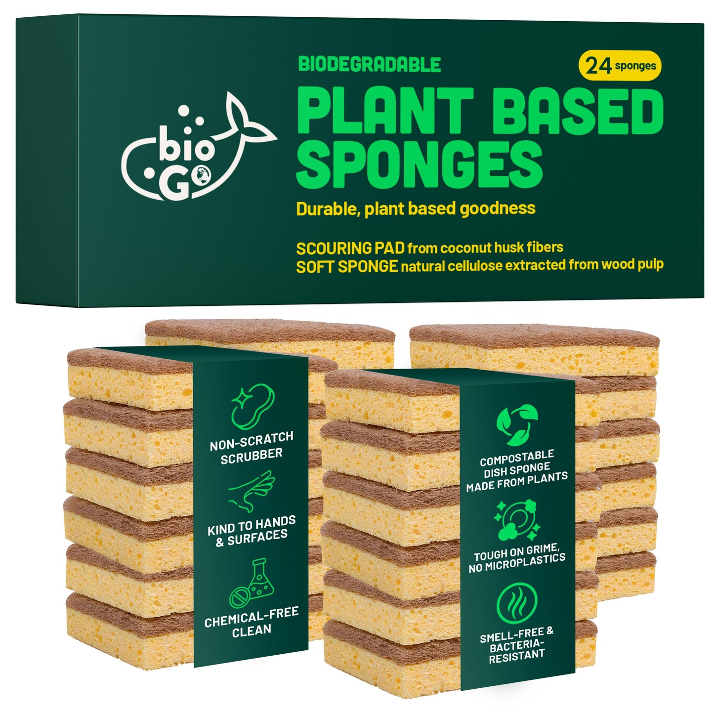 bioGo Biodegradable Kitchen Sponges - Natural Cellulose, Eco-Friendly, Compostable Cleaning Sponges - 24 Pack