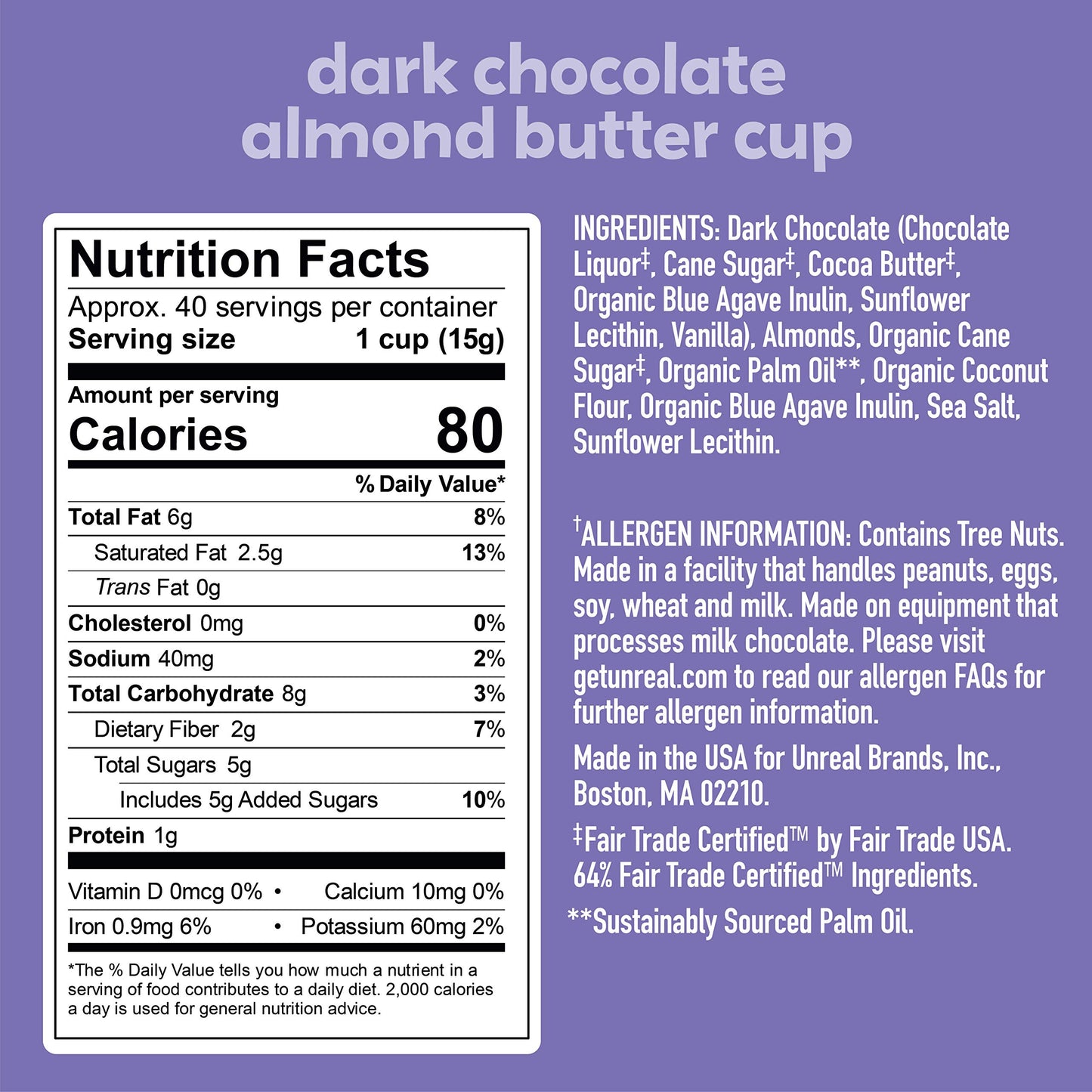 UNREAL Dark Chocolate Almond Butter Cups| 5g Sugar | Certified Vegan, Gluten Free, Fair Trade, Non-GMO | No Sugar Alcohols or Soy | 0.53 Ounce (Pack