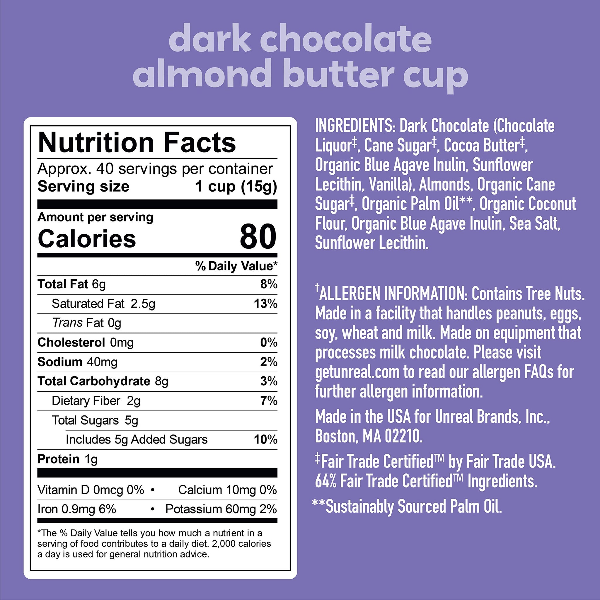 UNREAL Dark Chocolate Almond Butter Cups| 5g Sugar | Certified Vegan, Gluten Free, Fair Trade, Non-GMO | No Sugar Alcohols or Soy | 0.53 Ounce (Pack