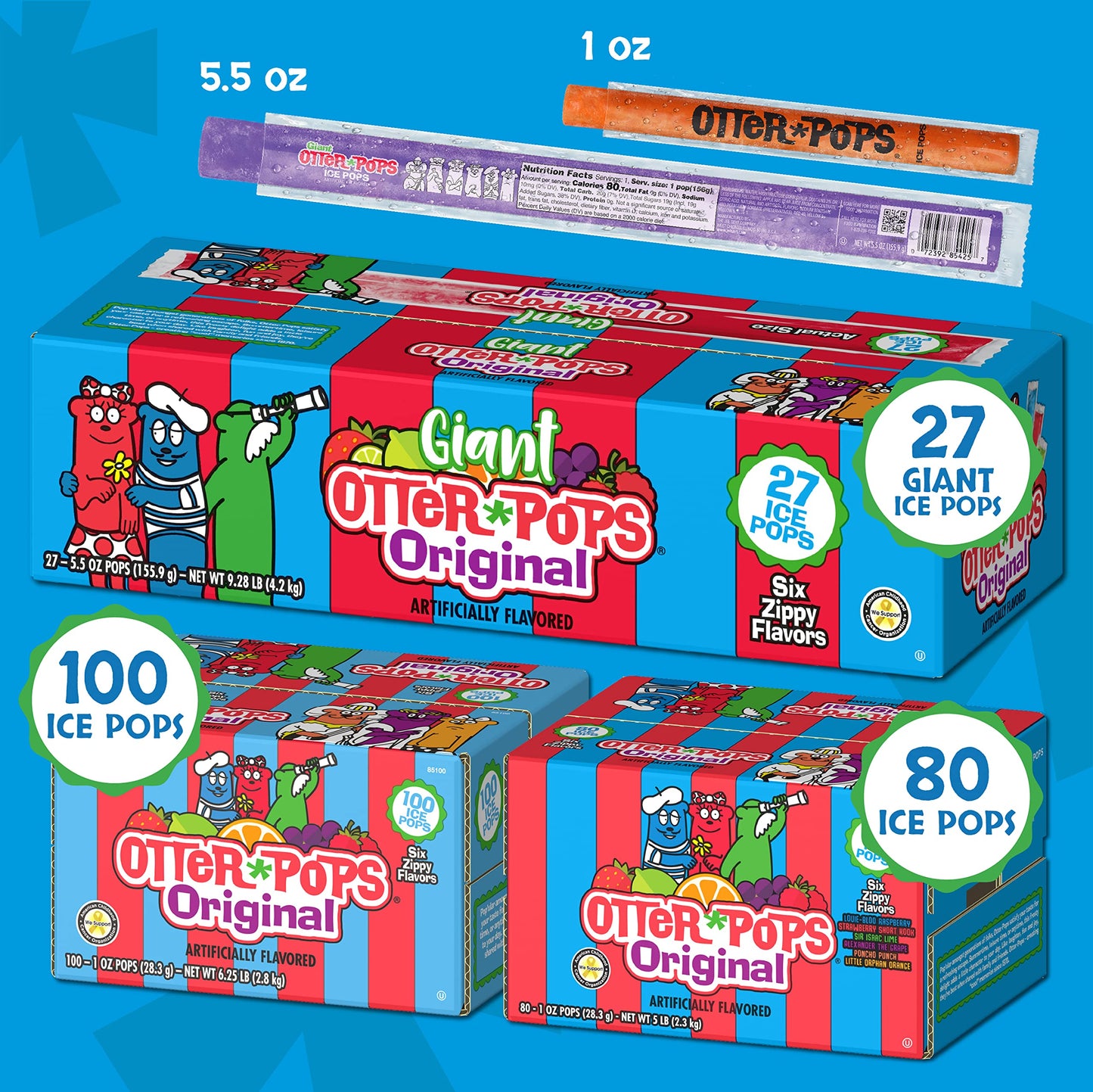 Otter Pops Freezer Ice Bars, Fat Free Ice Pops, Original Flavors (100 Count - 1.5 Oz)