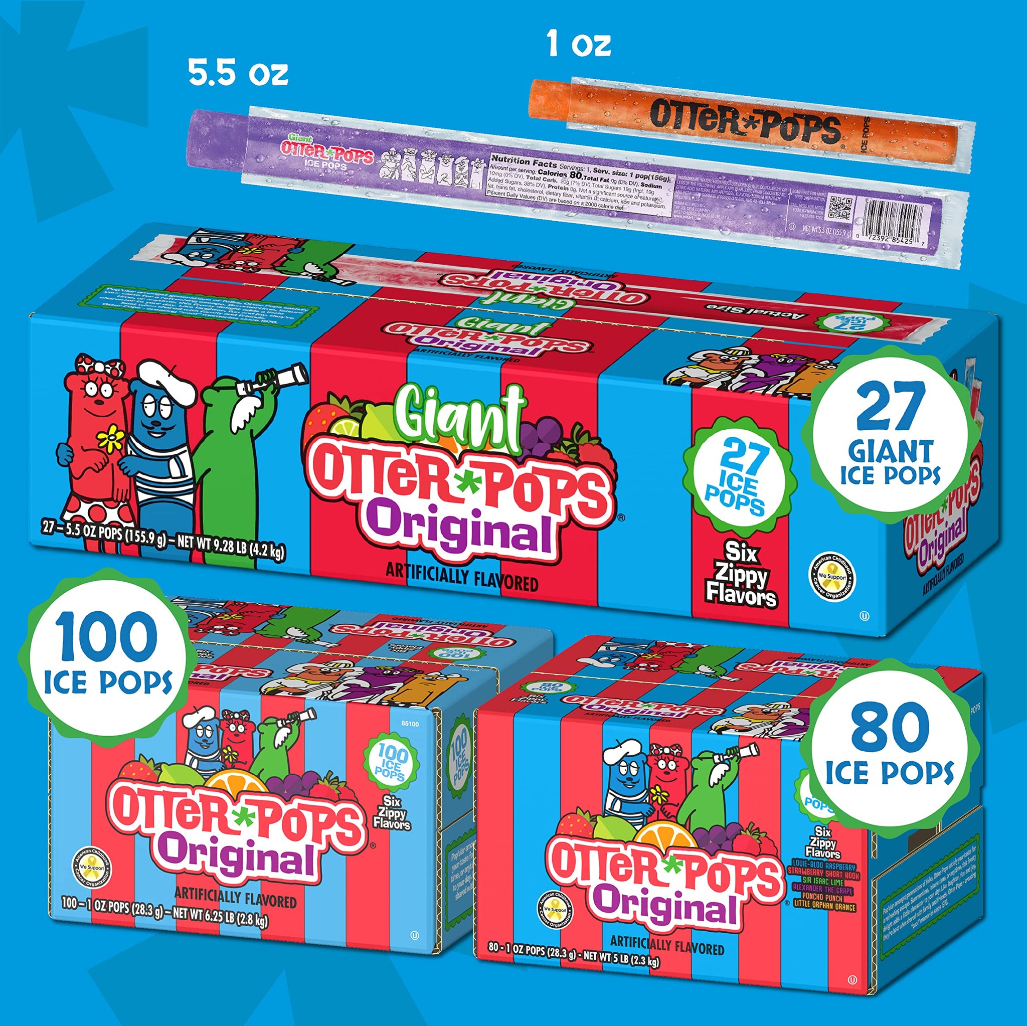 Otter Pops Freezer Ice Bars, Fat Free Ice Pops, Original Flavors (100 Count - 1.5 Oz)