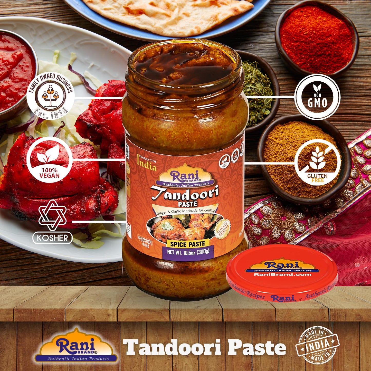 Rani Tandoori Paste (No Colors) 10.5oz (300g) Glass Jar, Pack of 5+1 FREE ~ For Tandoori Chicken, Chicken Tikka, Paneer Tikka | All Natural | NON-GMO