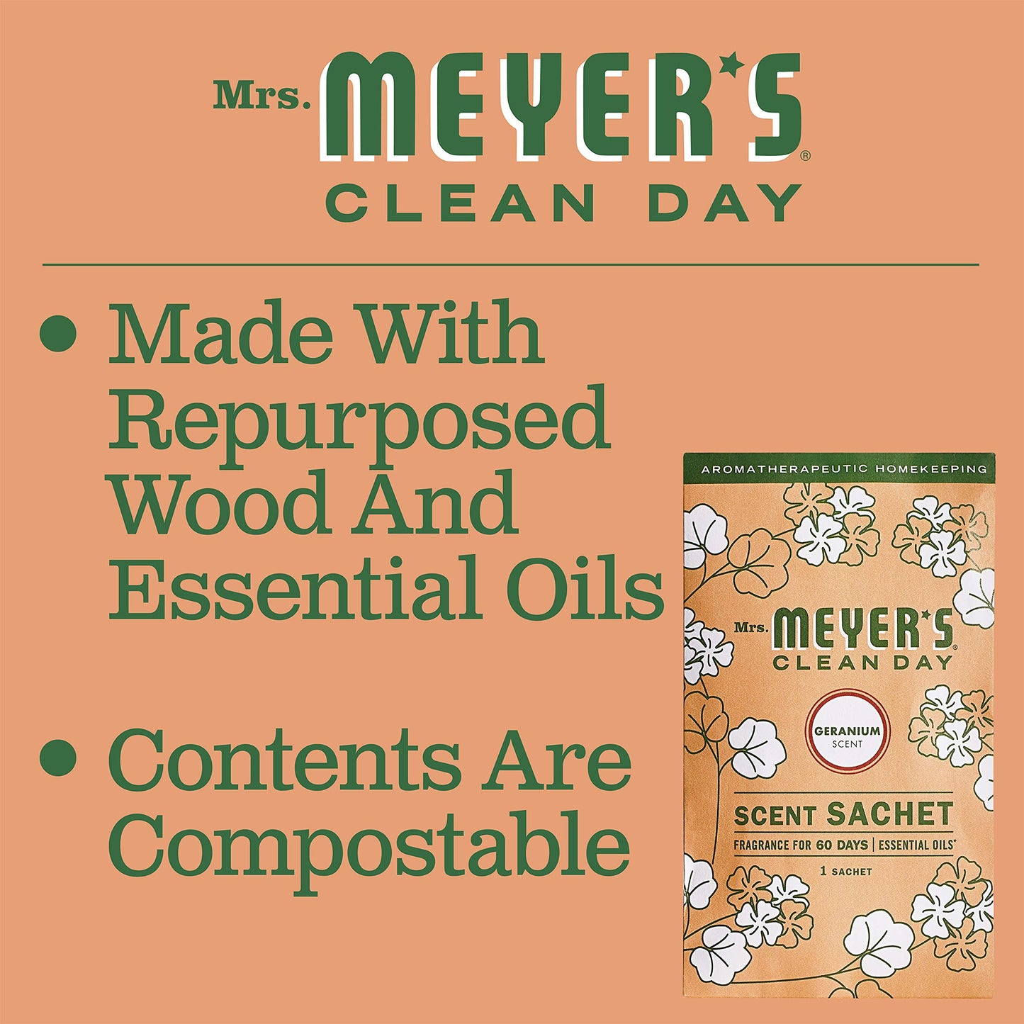 MRS. MEYER'S Clean Day Air Freshener Sachets, Fragrance for Your Locker, Car, Closet, and Gym Bag, Geranium, Pack of 3