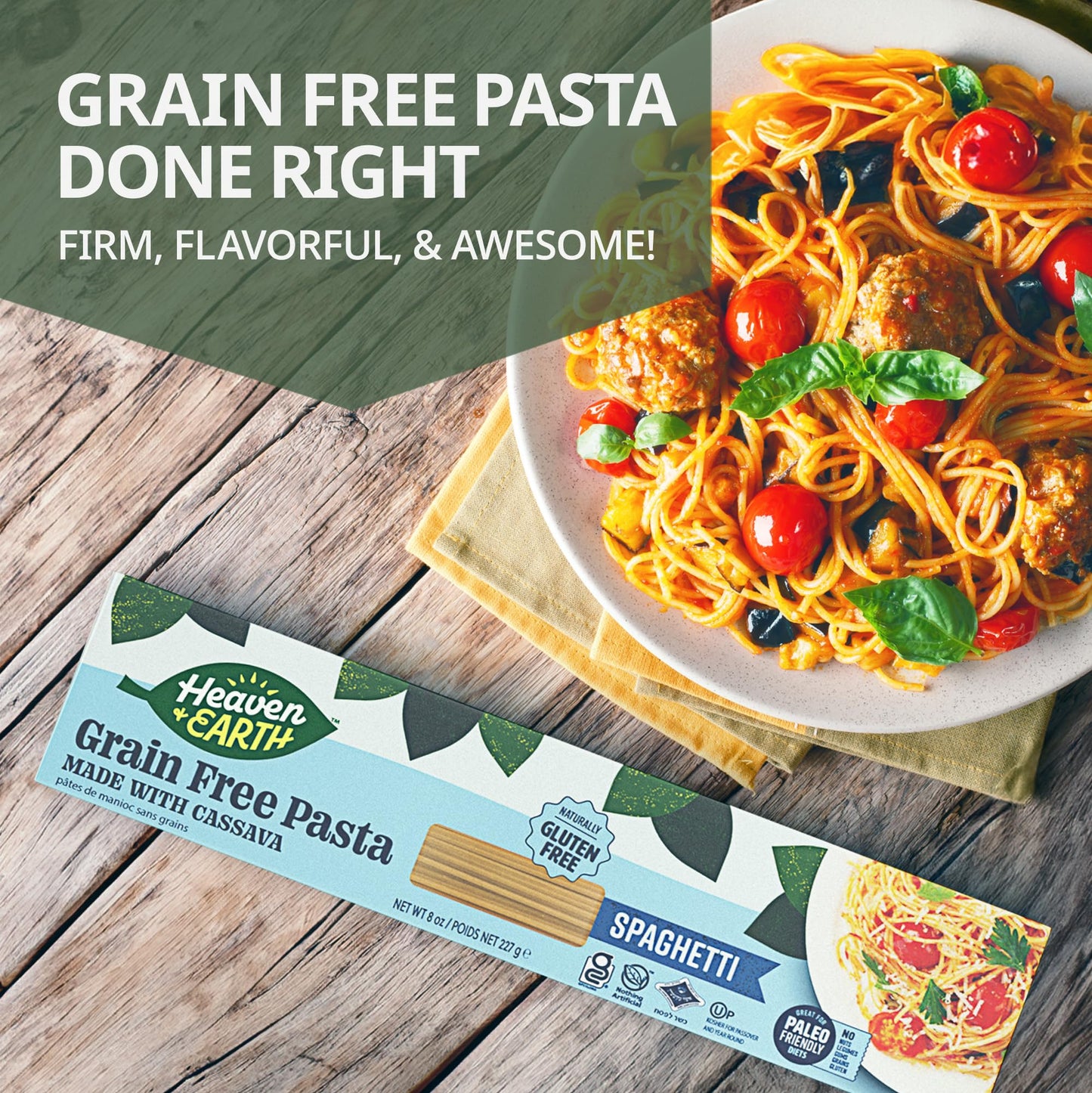 Heaven & Earth Grain Free Pasta, Cassava Spaghetti Pasta, 8oz (3 Pack) | Paleo Pasta | Vegan | Certified Gluten Free | Kosher for Passover