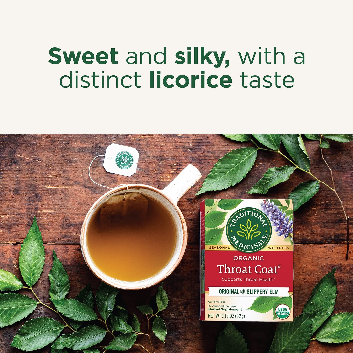 Traditional Medicinals Organic, Throat Coat Tea, Original with Slippery Elm - Supports Throat Health - Kosher, Non-GMO, Caffeine-Free, Compostable