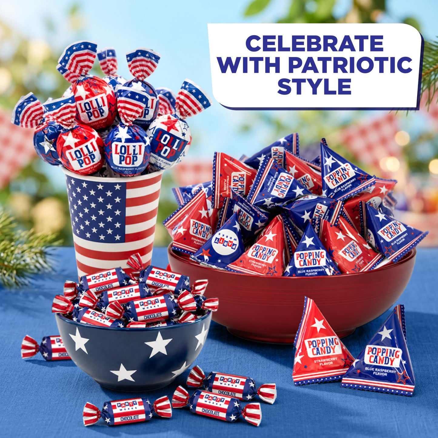 Patriotic Candy Assortment - 3 Pound Bulk Pack - 4th of July Candy - Chocolate Caramels, Lollipops, Popping Rocks Pouches - Red White and Blue Treats