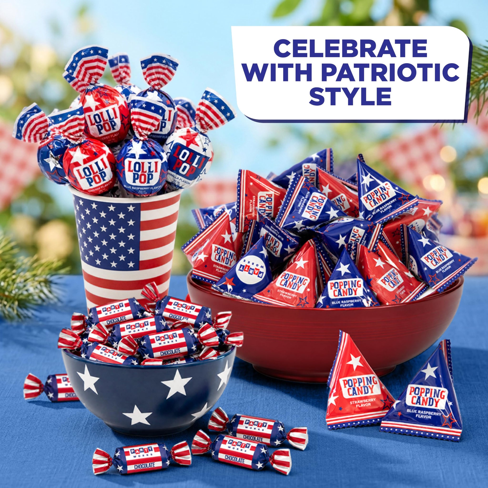 Patriotic Candy Assortment - 3 Pound Bulk Pack - 4th of July Candy - Chocolate Caramels, Lollipops, Popping Rocks Pouches - Red White and Blue Treats