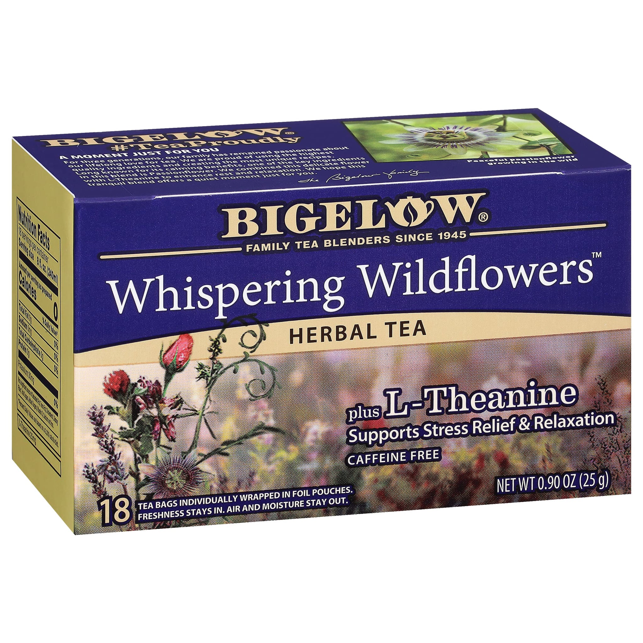 Bigelow Tea Whispering Wildflowers plus L-Theanine Herbal Tea, Caffeine Free, 18 Total Tea Bags (Pack of 1)