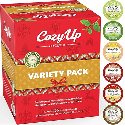 Cozy Up 36-Count 6 Flavors Variety Pack Tea Compatible with Keurig K-Cup Brewers, Including Green, Black, Jasmine, Earl Grey, English Breakfast