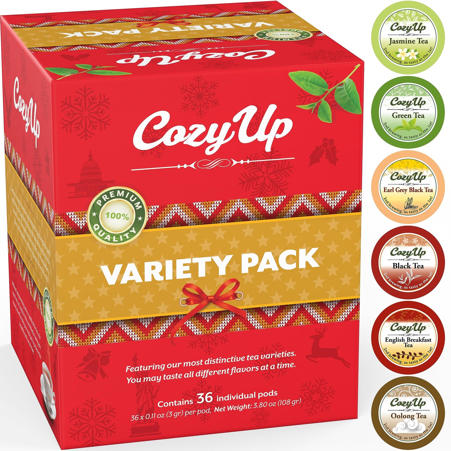 Cozy Up 36-Count 6 Flavors Variety Pack Tea Compatible with Keurig K-Cup Brewers, Including Green, Black, Jasmine, Earl Grey, English Breakfast