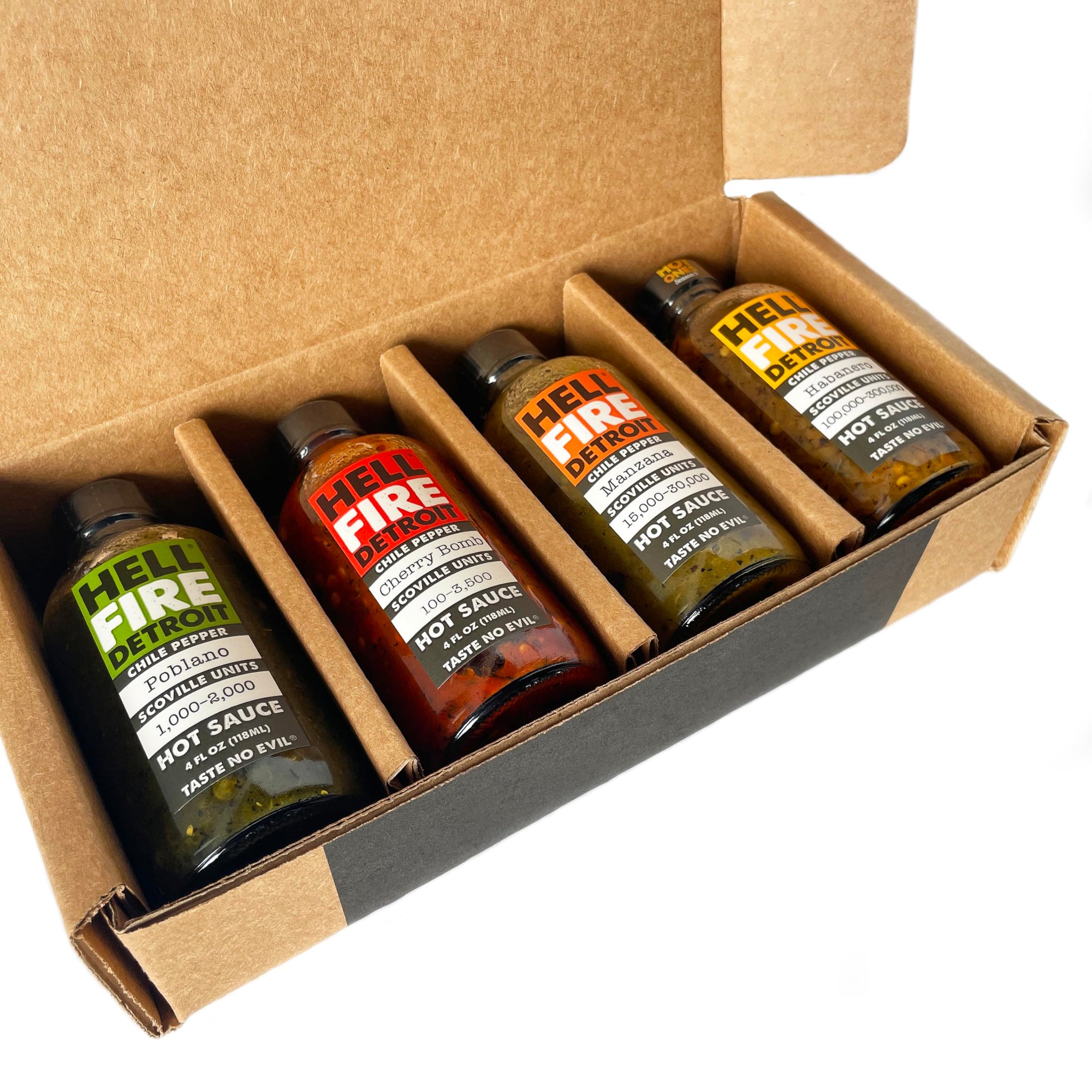 Hell Fire Detroit Hot Box #1 Gift Box (Mild, Medium, Hot, Extra Hot), Crafted with Fresh, Fire-Roasted Poblano, Cherry Bomb, Manzana, and Habanero