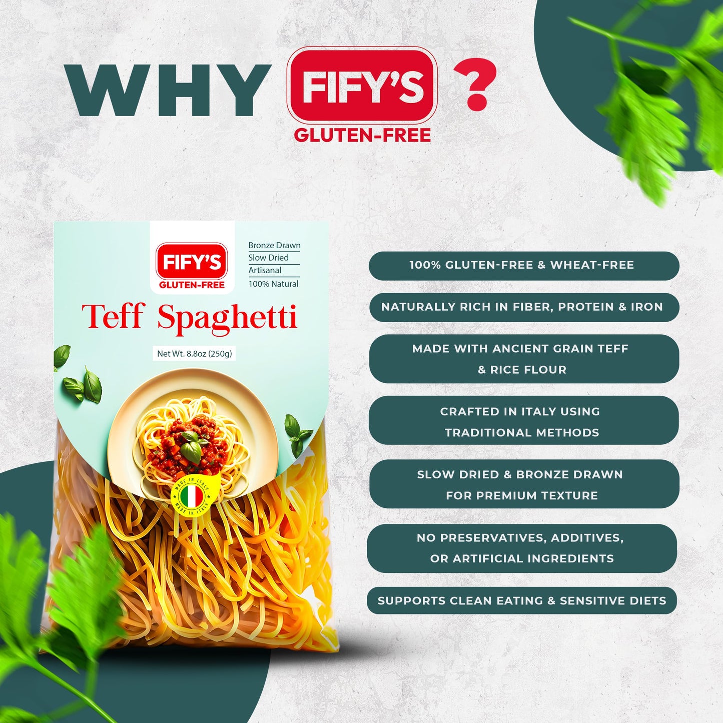 FIFY'S GLUTEN-FREE Teff Spaghetti Pasta - All Natural, Nutrient-Rich Gluten Free Spaghetti with Ancient Grain Teff and Rice Flour - Made in Italy