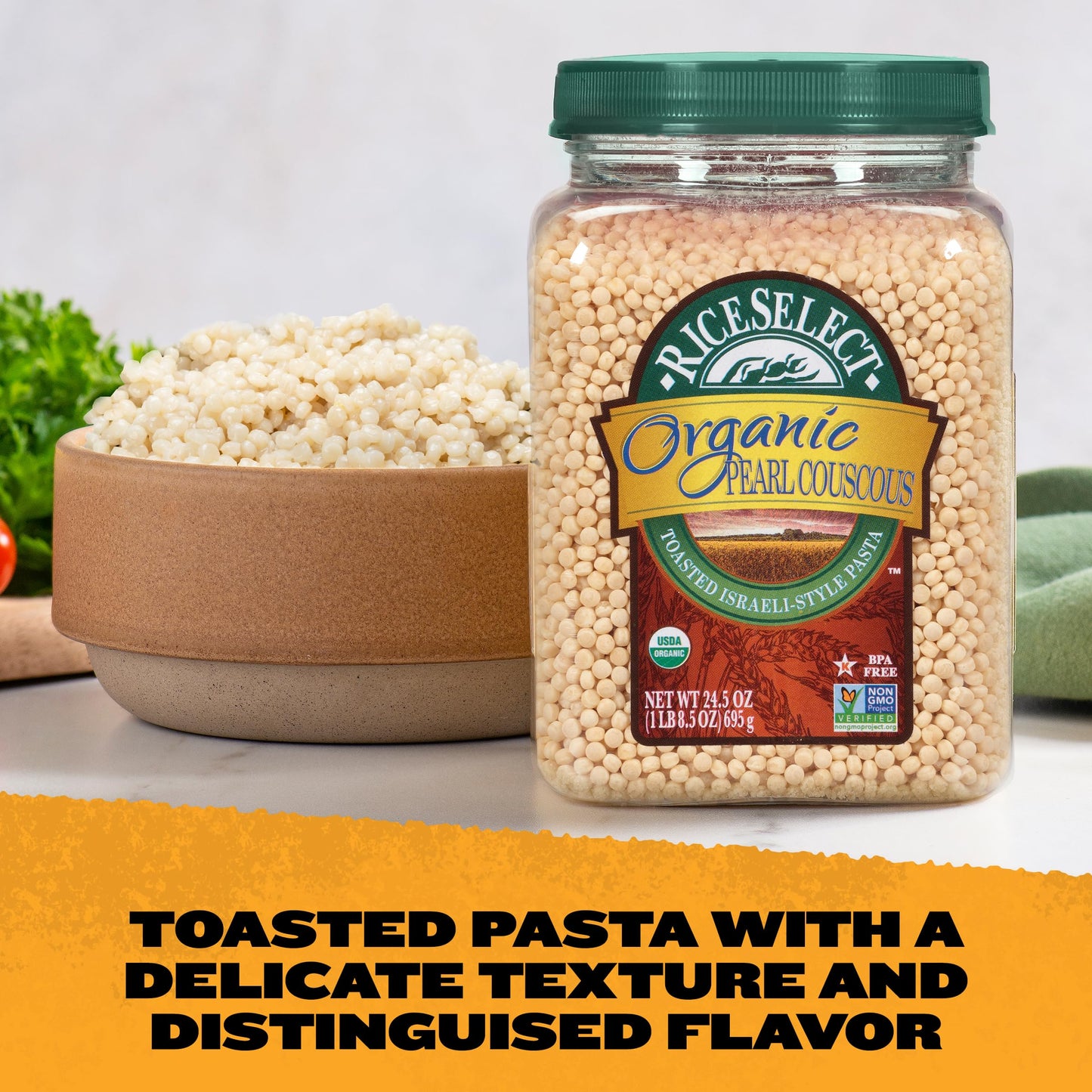 RiceSelect Organic Pearl Couscous, Premium Israeli-Style Wheat Couscous Pasta, Non-GMO, Kosher, 24.5oz Jar (Pack of 1)