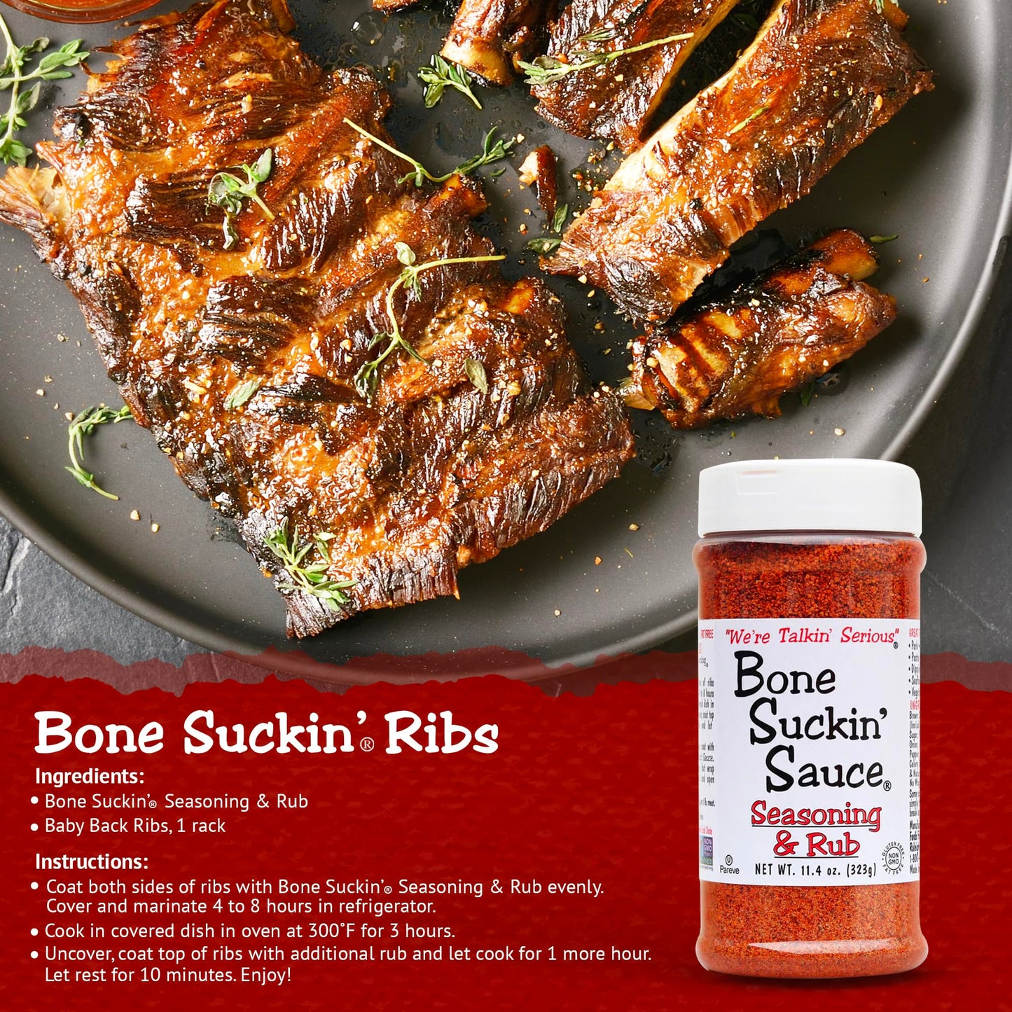 Bone Suckin' Seasoning & Rub, Original Blend, Grilling Rubs, Dry Pork Rub, Gluten-Free, Non-GMO, Kosher, Great on Ribs, Pork, Beef, Chicken, Seafood