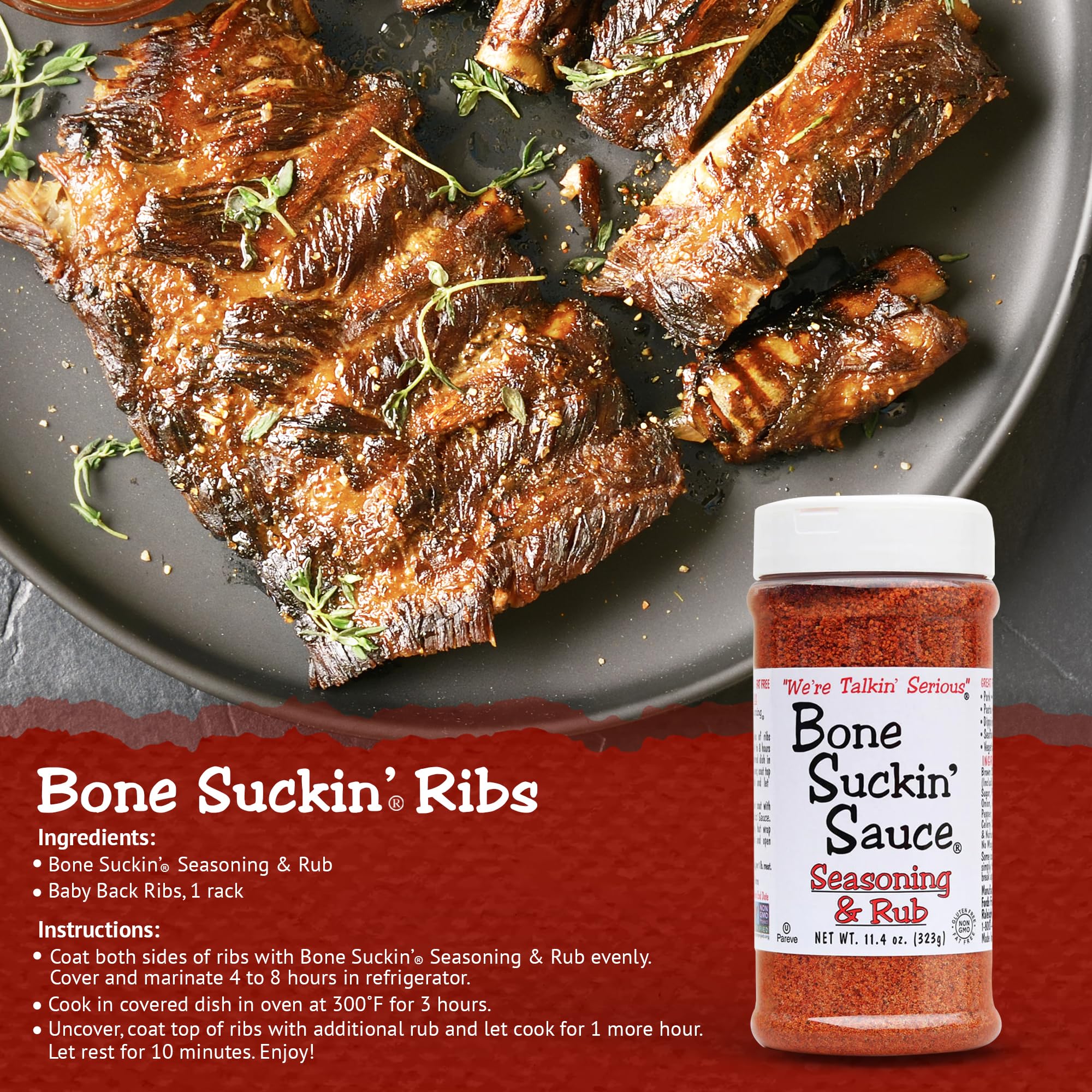 Bone Suckin' Seasoning & Rub, Original Blend, Grilling Rubs, Dry Pork Rub, Gluten-Free, Non-GMO, Kosher, Great on Ribs, Pork, Beef, Chicken, Seafood