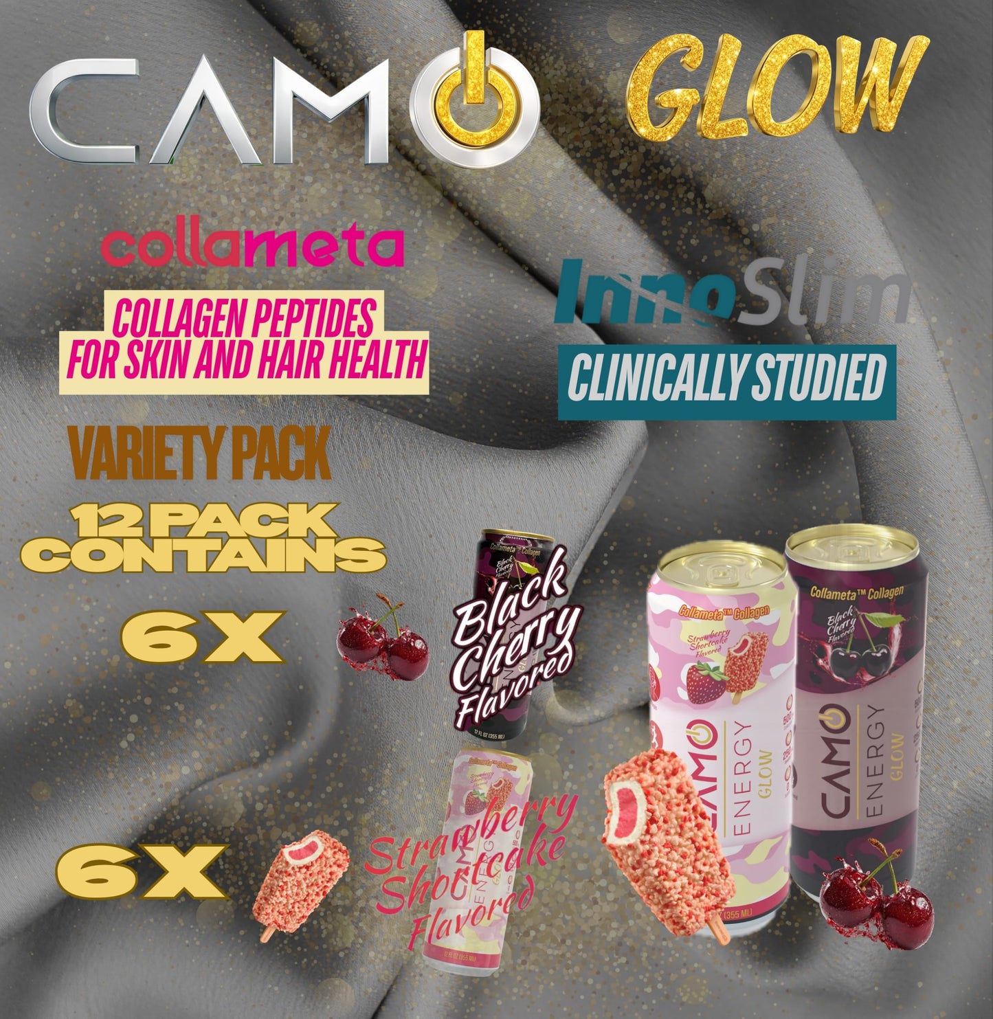 CAMO Energy Glow Variety Pack 200mg Natural Caffeine, Collameta® Collagen Peptides, InnoSlim®, Zero Sugar, 12oz Cans, 12 Pack