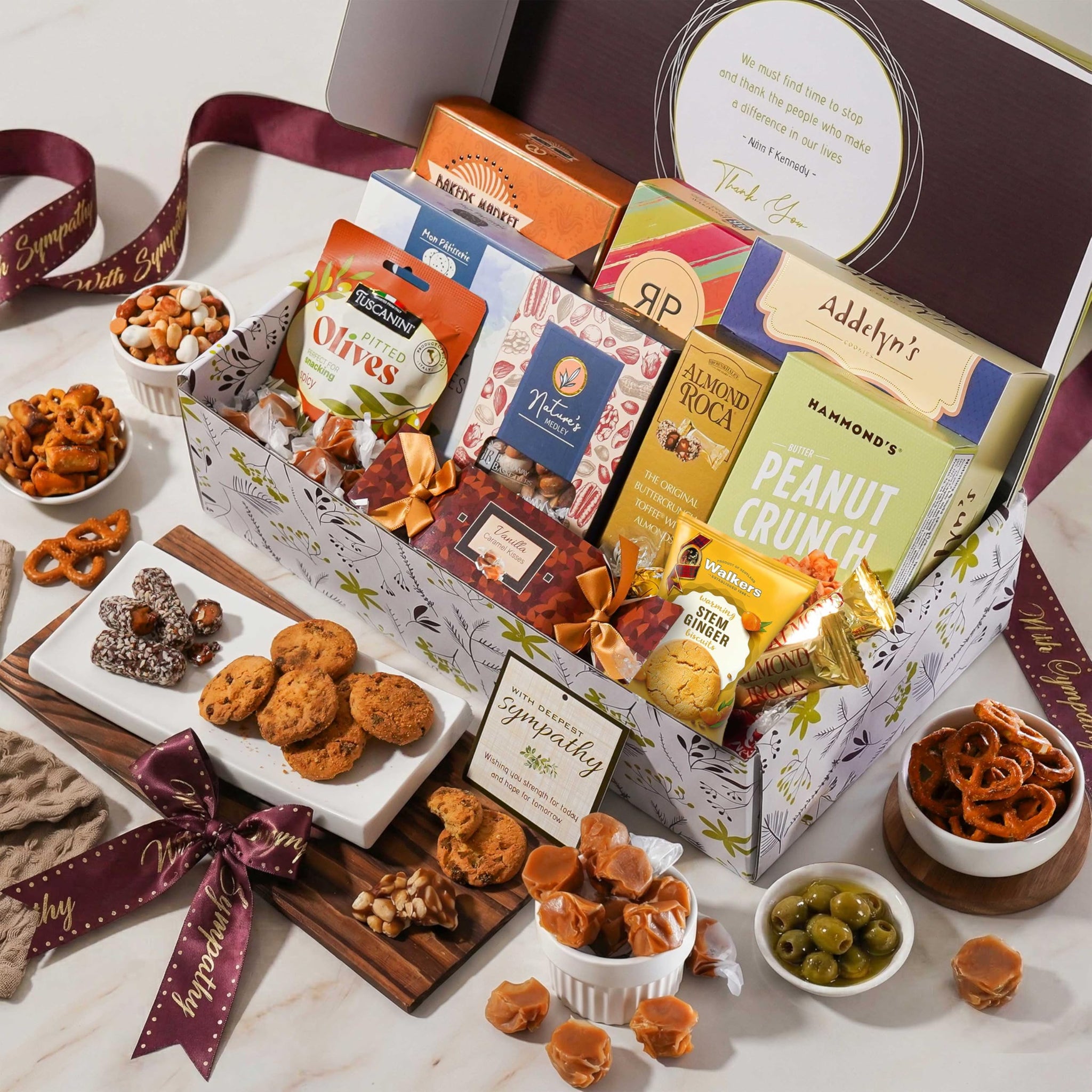 Broadway Basketeers Sympathy Gift Basket - Deluxe Gourmet Delight Condolence & Bereavement Care Package with Kosher Snacks - Thoughtful Gift for Loss
