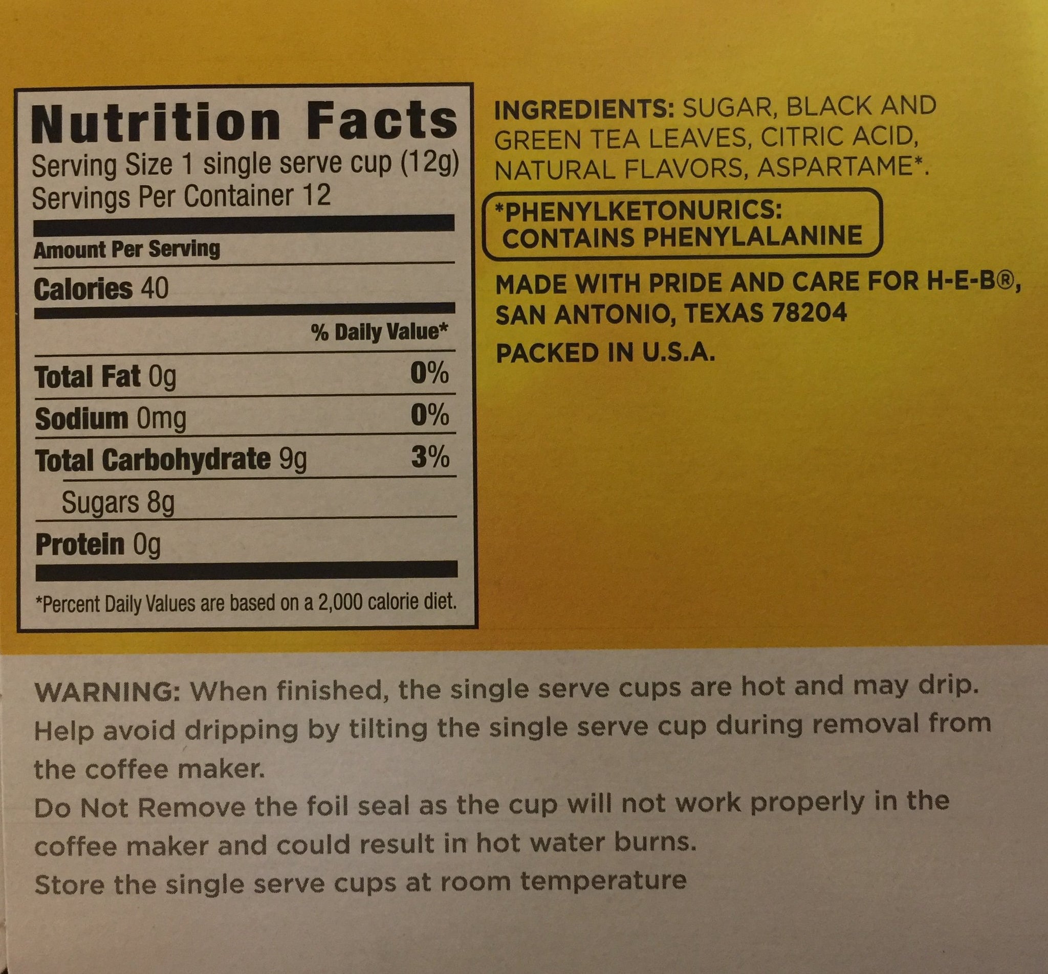 HEB Lemon Iced Tea 12 single cup (servings)