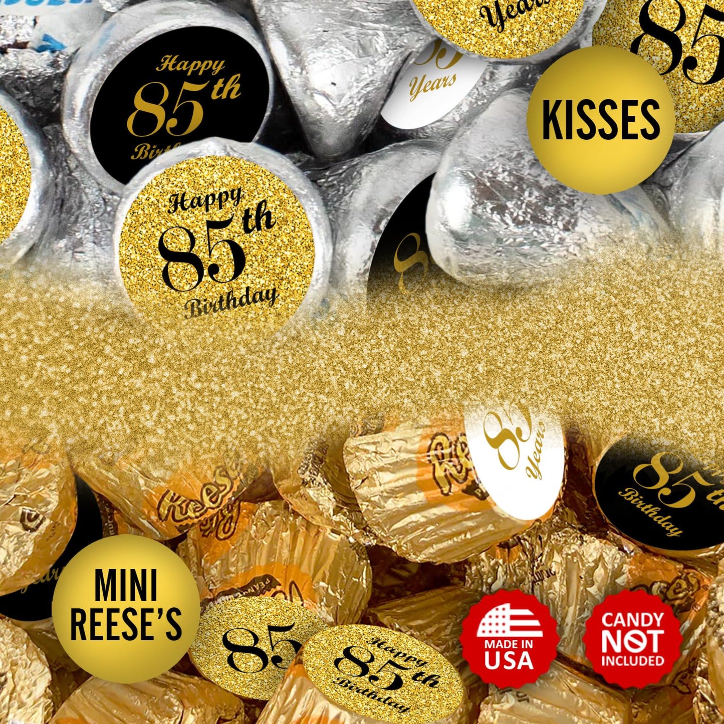 85th Birthday Kisses Stickers, (Set of 324) Chocolate Drops Labels for 85 Birthday, Party Favors Decor for Kisses. Made in USA, 9 Designs (36 Stickers