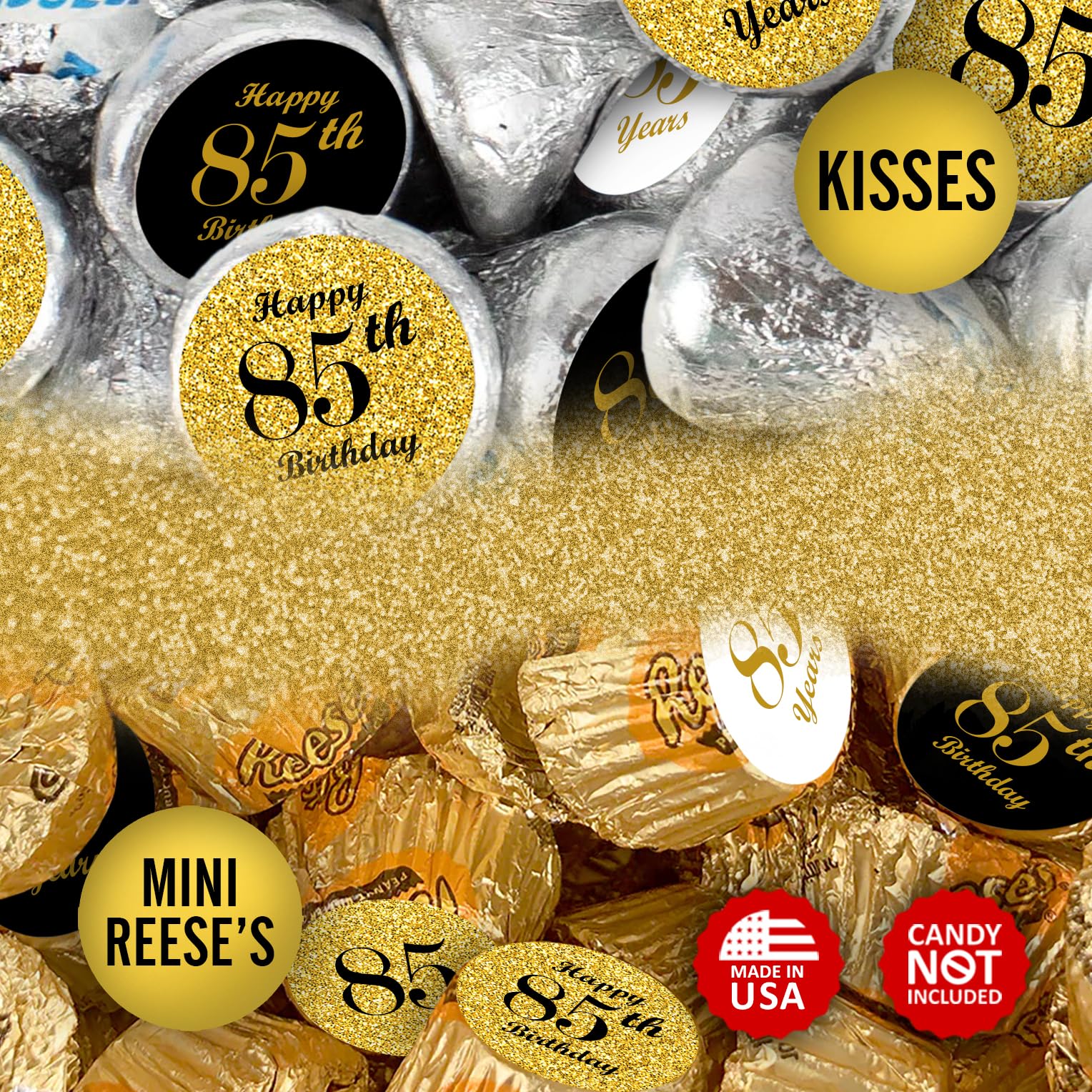 85th Birthday Kisses Stickers, (Set of 324) Chocolate Drops Labels for 85 Birthday, Party Favors Decor for Kisses. Made in USA, 9 Designs (36 Stickers