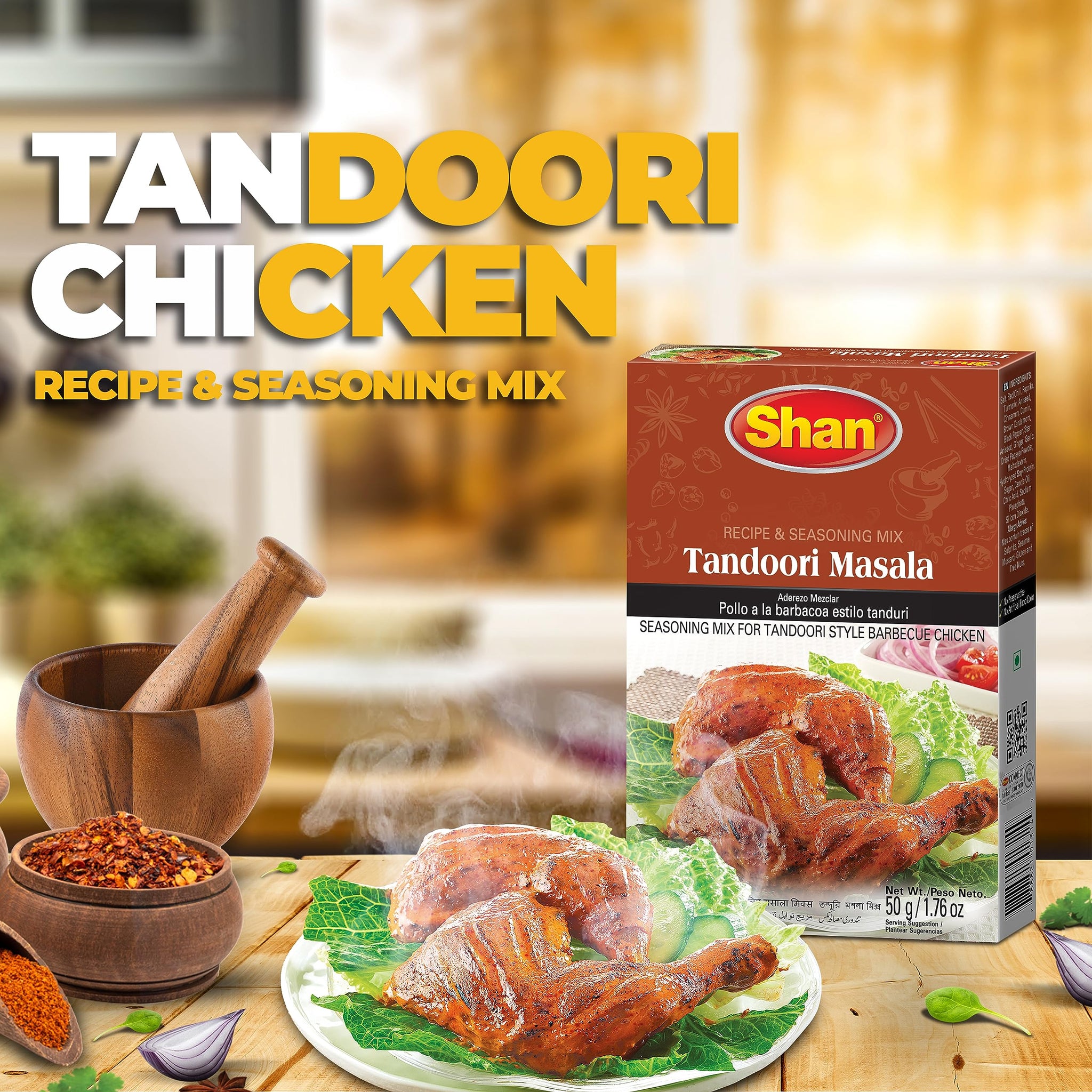 Shan Tandoori Recipe and Seasoning Mix 1.76 oz (50g) - Spice Powder for Tandoori Style Barbecue Chicken - Suitable for Vegetarians - Airtight Bag in
