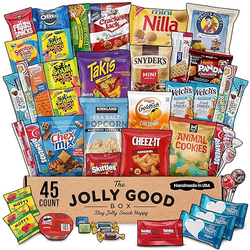 45 Count Variety Snack Box Care Package Gift Basket Snack Pack Candy Treats Chips Cookies for Adults Kids Grandkids Teens College Students Guys Girls